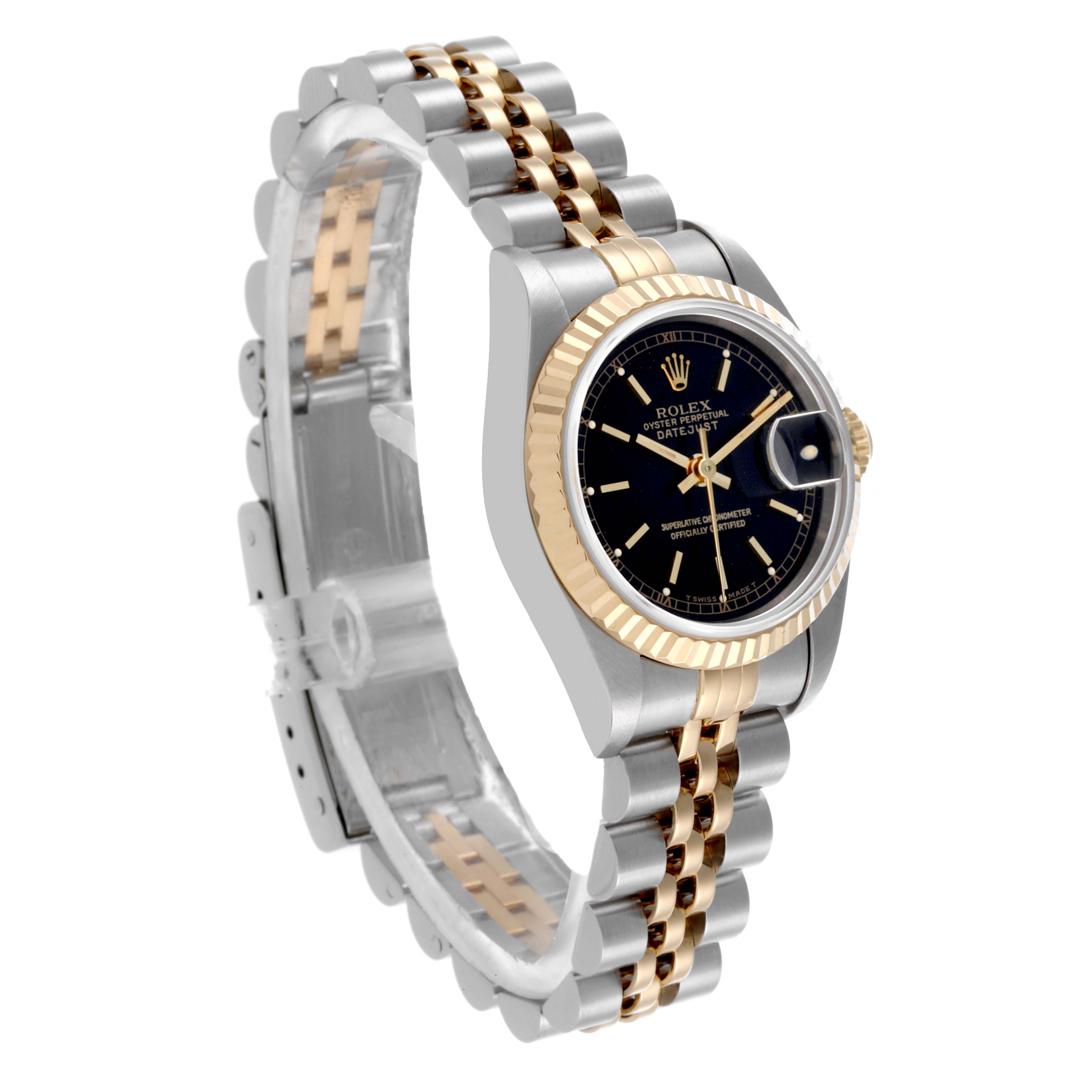 The Rolex Datejust 69173 Women's Steel and Gold (two tone) Black Dial 69173 Women's Steel and Gold (two tone) Black Dial watch is shown at a three-quarter angle, highlighting the dial, bezel, and two-tone bracelet.