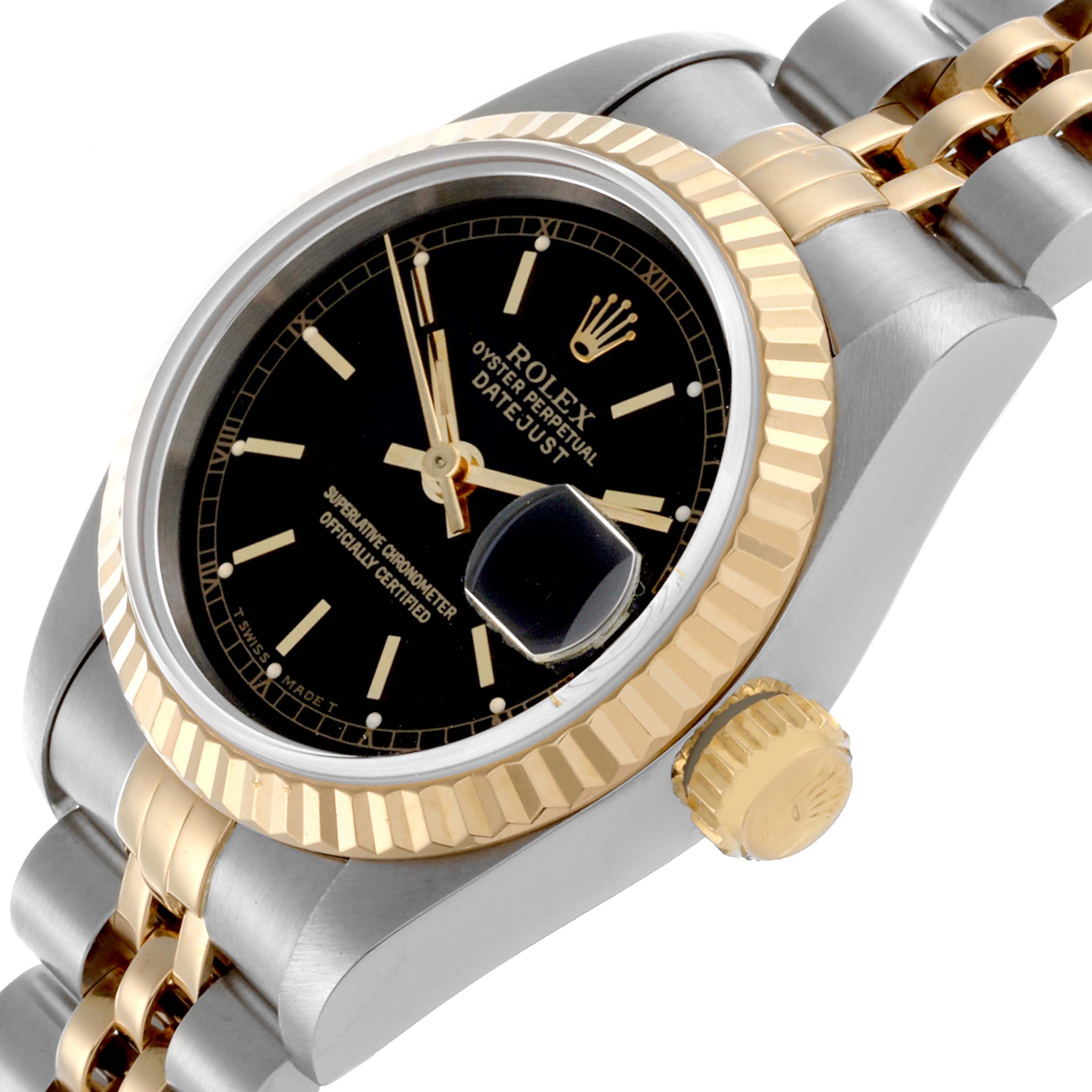 The image shows a Rolex Datejust 69173 Women's Steel and Gold (two tone) Black Dial 69173 Women's Steel and Gold (two tone) Black Dial at a slight angle, highlighting the bezel, crown, and part of the bracelet.