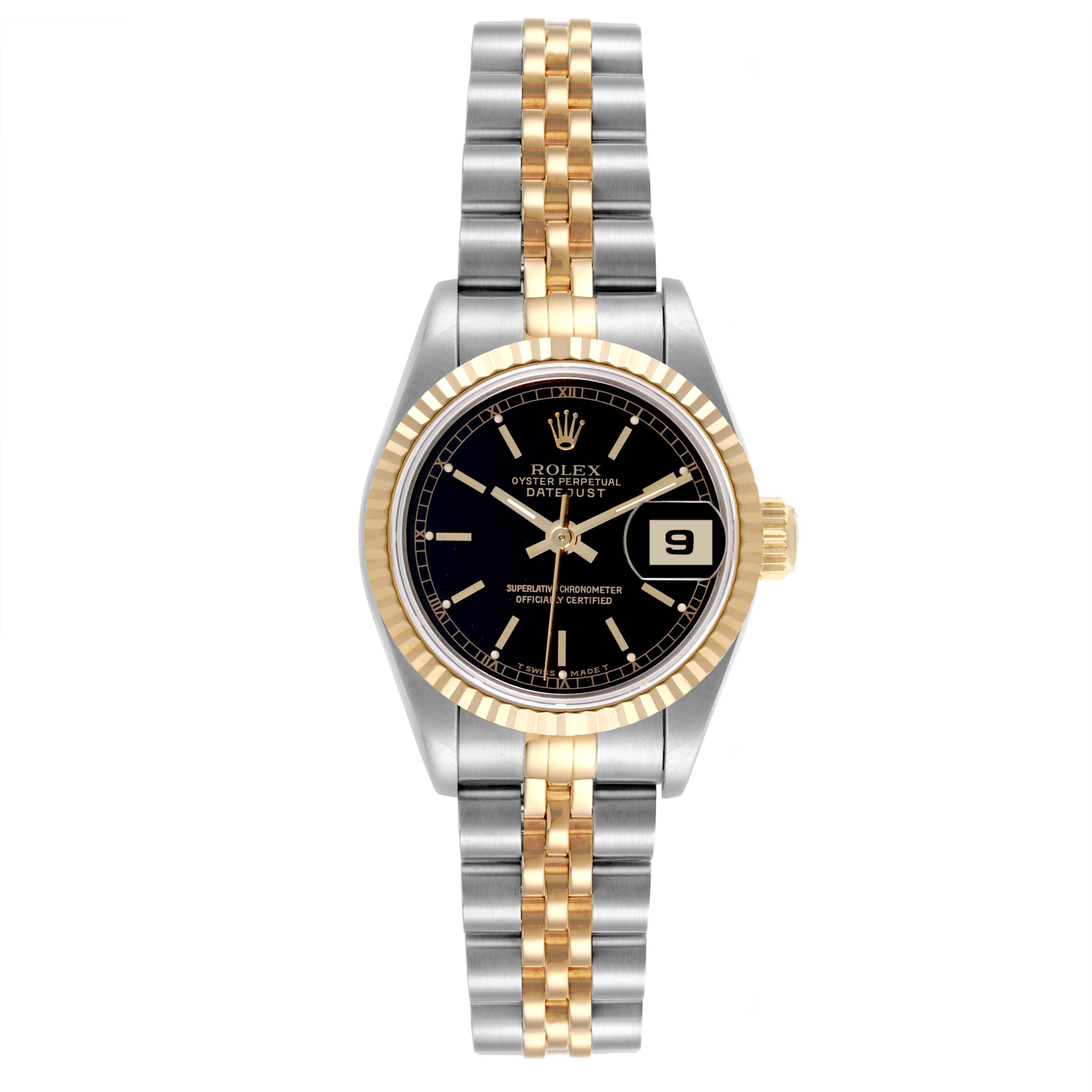 The image shows a front view of a Rolex Datejust 69173 Women's Steel and Gold (two tone) Black Dial 69173 Women's Steel and Gold (two tone) Black Dial, highlighting the dial, bracelet, bezel, and crown.