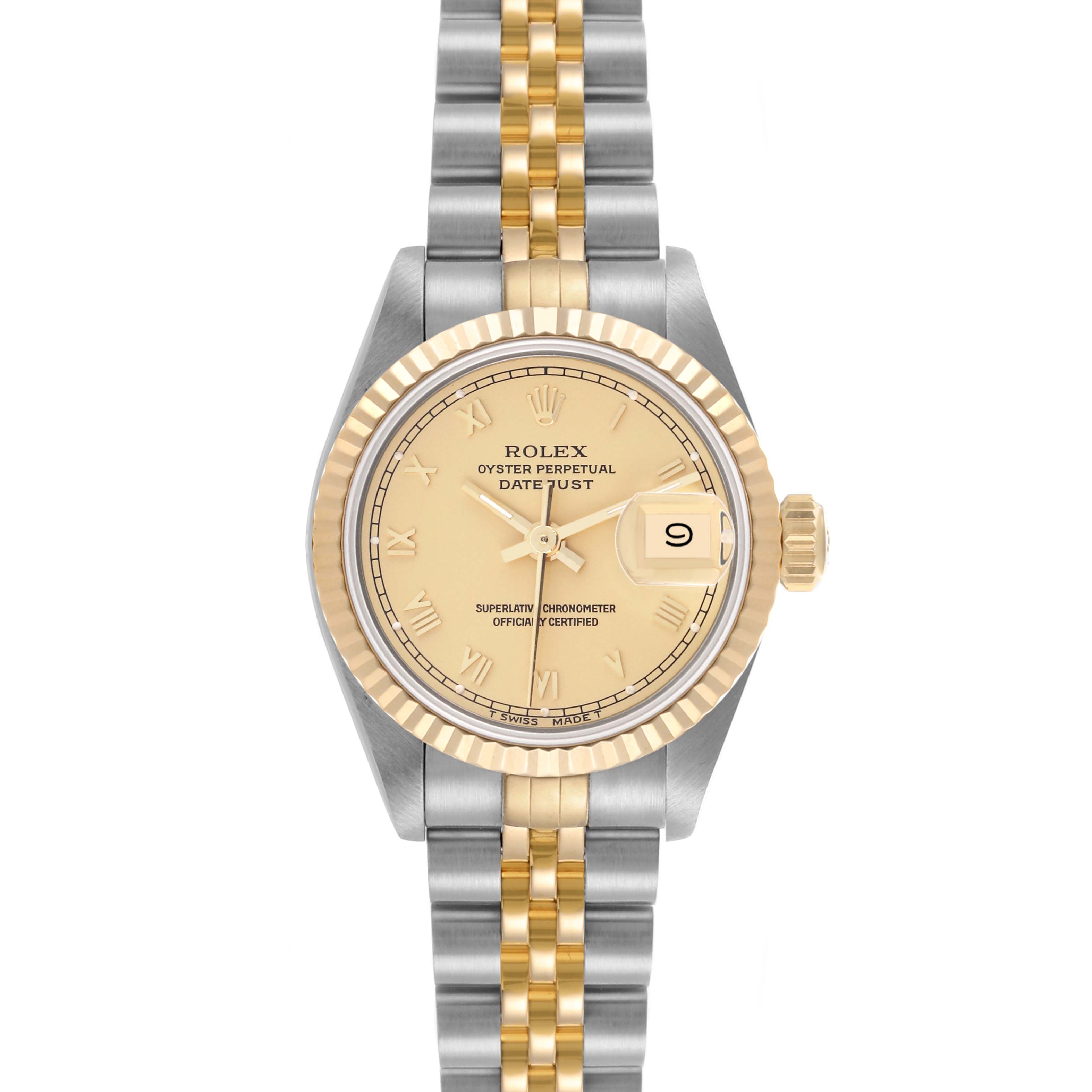 The Rolex Datejust 69173G Women's Steel and Gold (two tone) Champagne Dial 69173G Women's Steel and Gold (two tone) Champagne Dial watch is shown from the front, showcasing its dial, bezel, and bracelet.