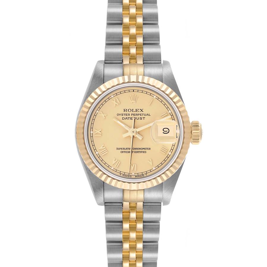 The Rolex Datejust watch is shown from the front, showcasing its dial, bezel, and bracelet.