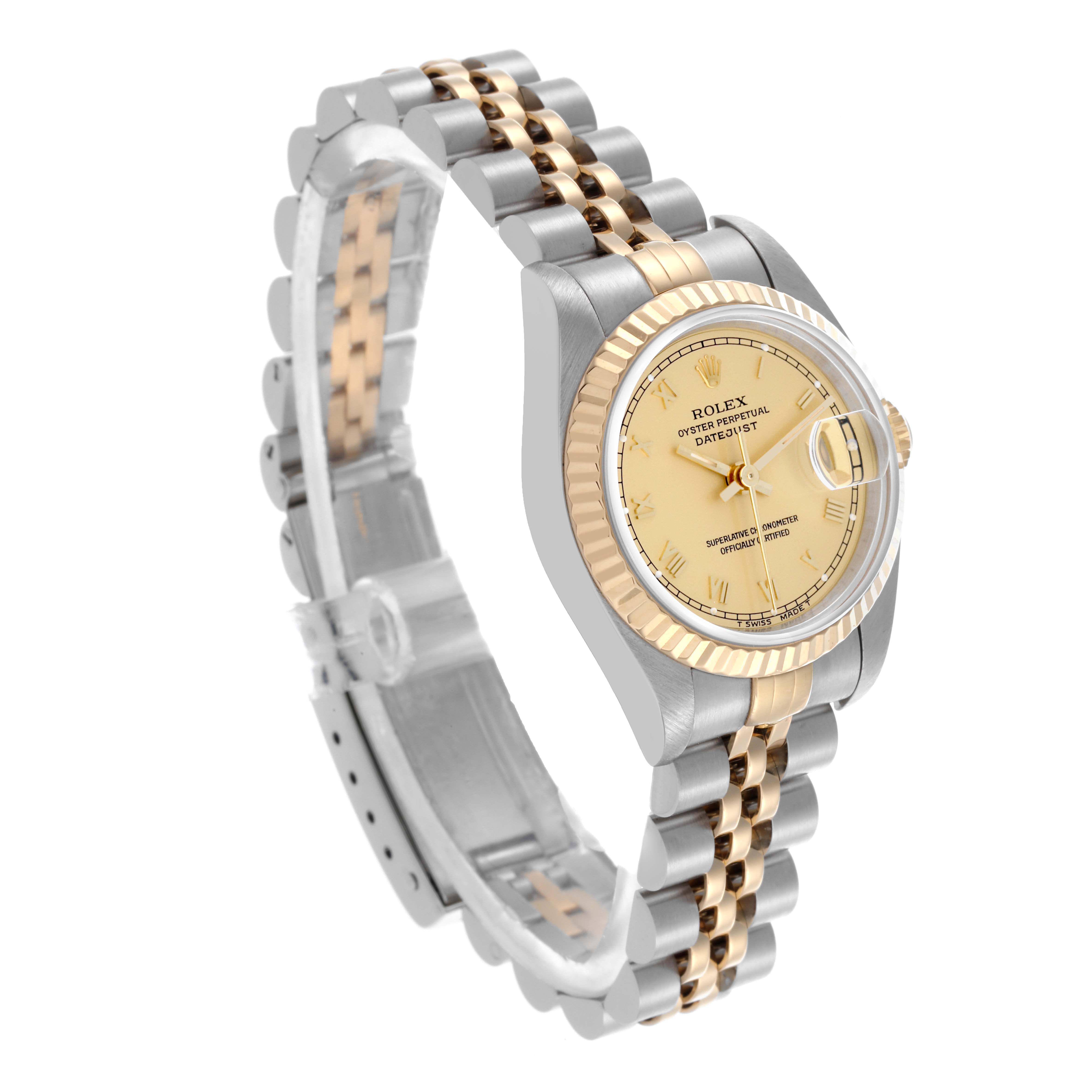 The Rolex Datejust 69173G Women's Steel and Gold (two tone) Champagne Dial 69173G Women's Steel and Gold (two tone) Champagne Dial watch is shown at a three-quarter angle, highlighting the face, fluted bezel, and Jubilee bracelet.