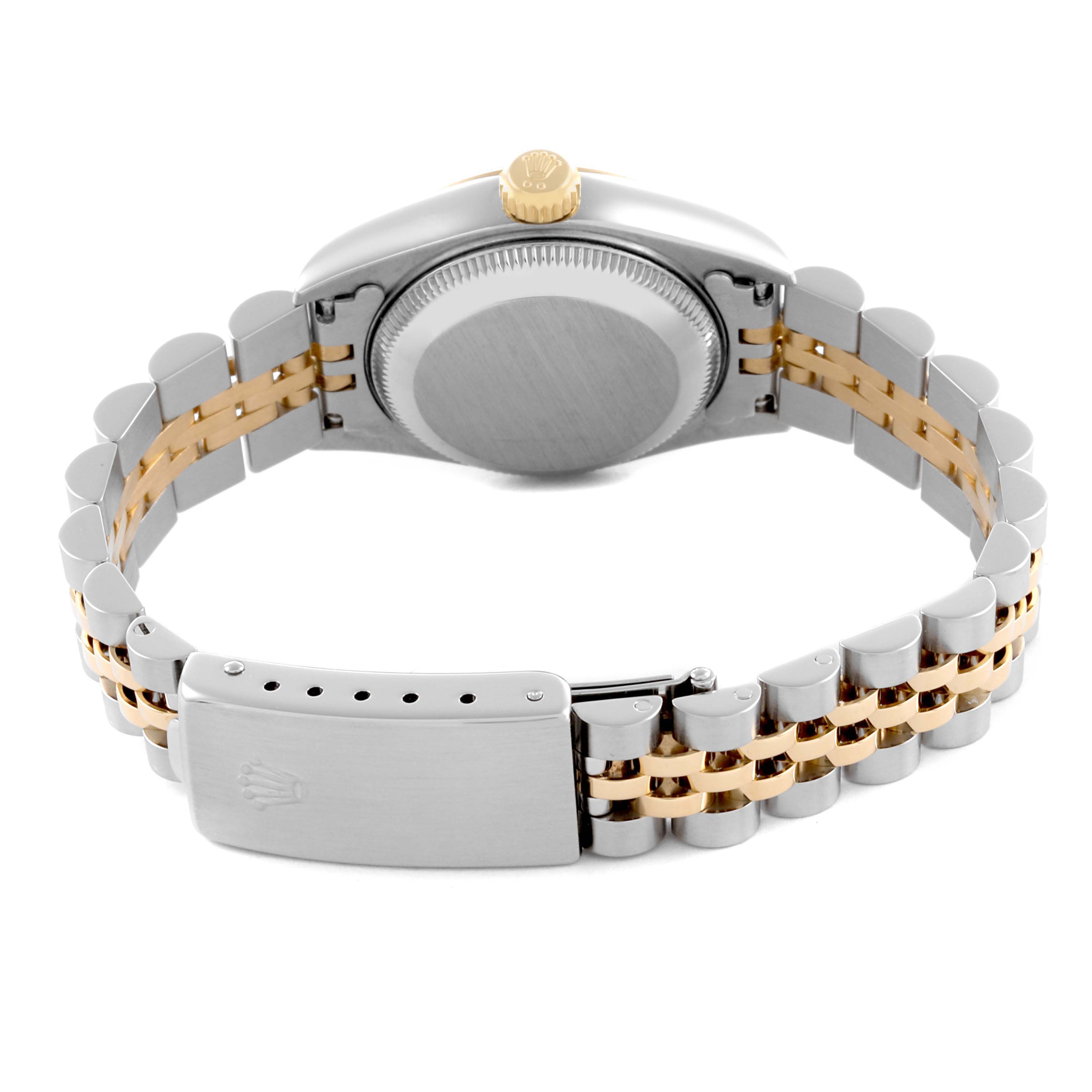 The Rolex Datejust 69173G Women's Steel and Gold (two tone) Champagne Dial 69173G Women's Steel and Gold (two tone) Champagne Dial watch is shown from the back, highlighting the clasp, bracelet, and case back.