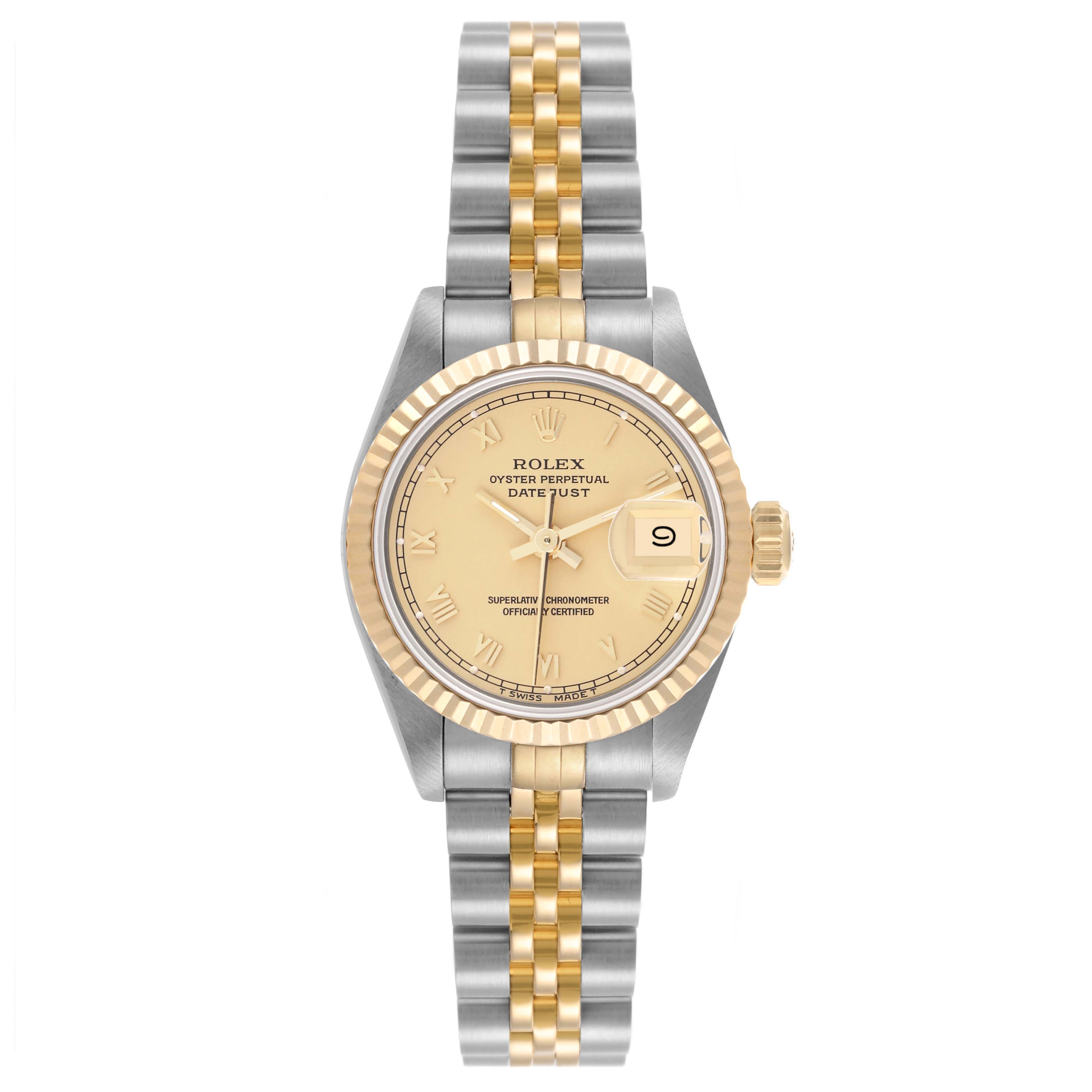 The Rolex Datejust 69173G Women's Steel and Gold (two tone) Champagne Dial 69173G Women's Steel and Gold (two tone) Champagne Dial watch is shown from a front angle, displaying the face, bezel, crown, and bracelet.
