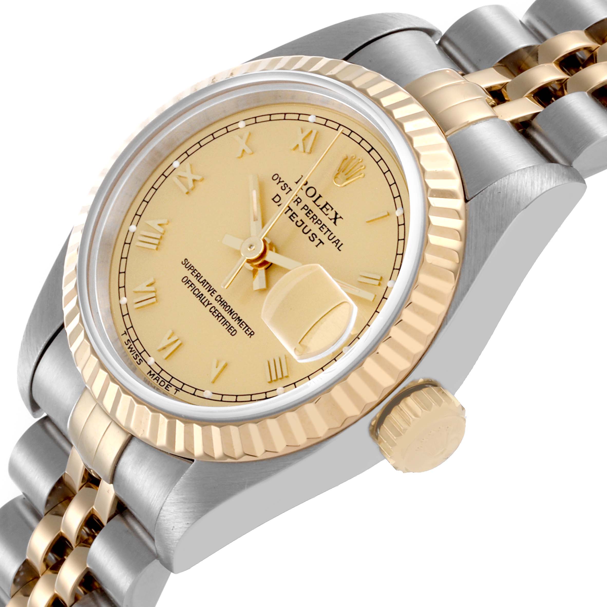 The Rolex Datejust 69173G Women's Steel and Gold (two tone) Champagne Dial 69173G Women's Steel and Gold (two tone) Champagne Dial watch is shown at an angle displaying the dial, fluted bezel, crown, and part of the jubilee bracelet.