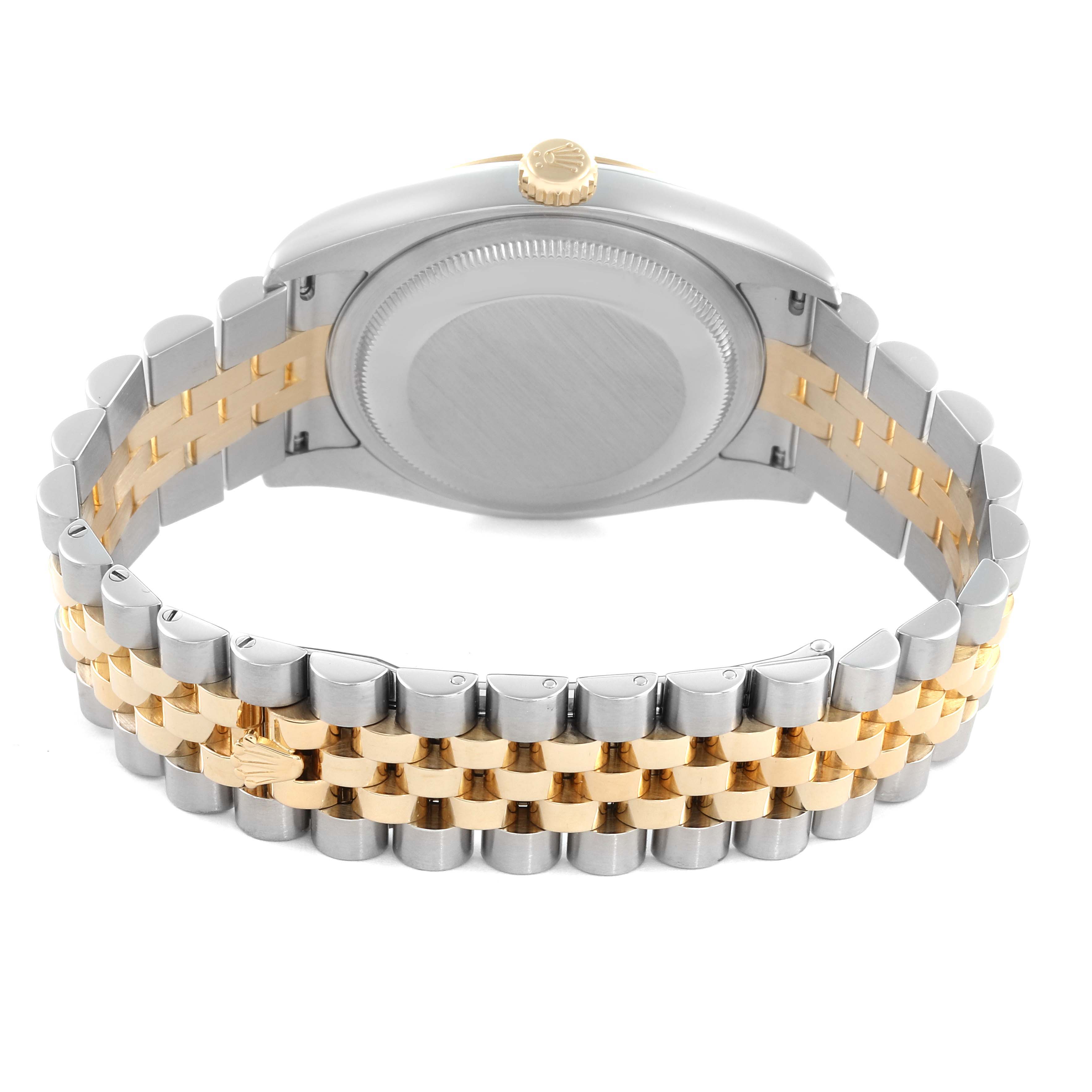 The Rolex Datejust 116233 Men
s Steel and Gold (two tone) Champagne Dial 116233 Men
s Steel and Gold (two tone) Champagne Dial watch is shown from the back, highlighting the case back, crown, and Jubilee bracelet.