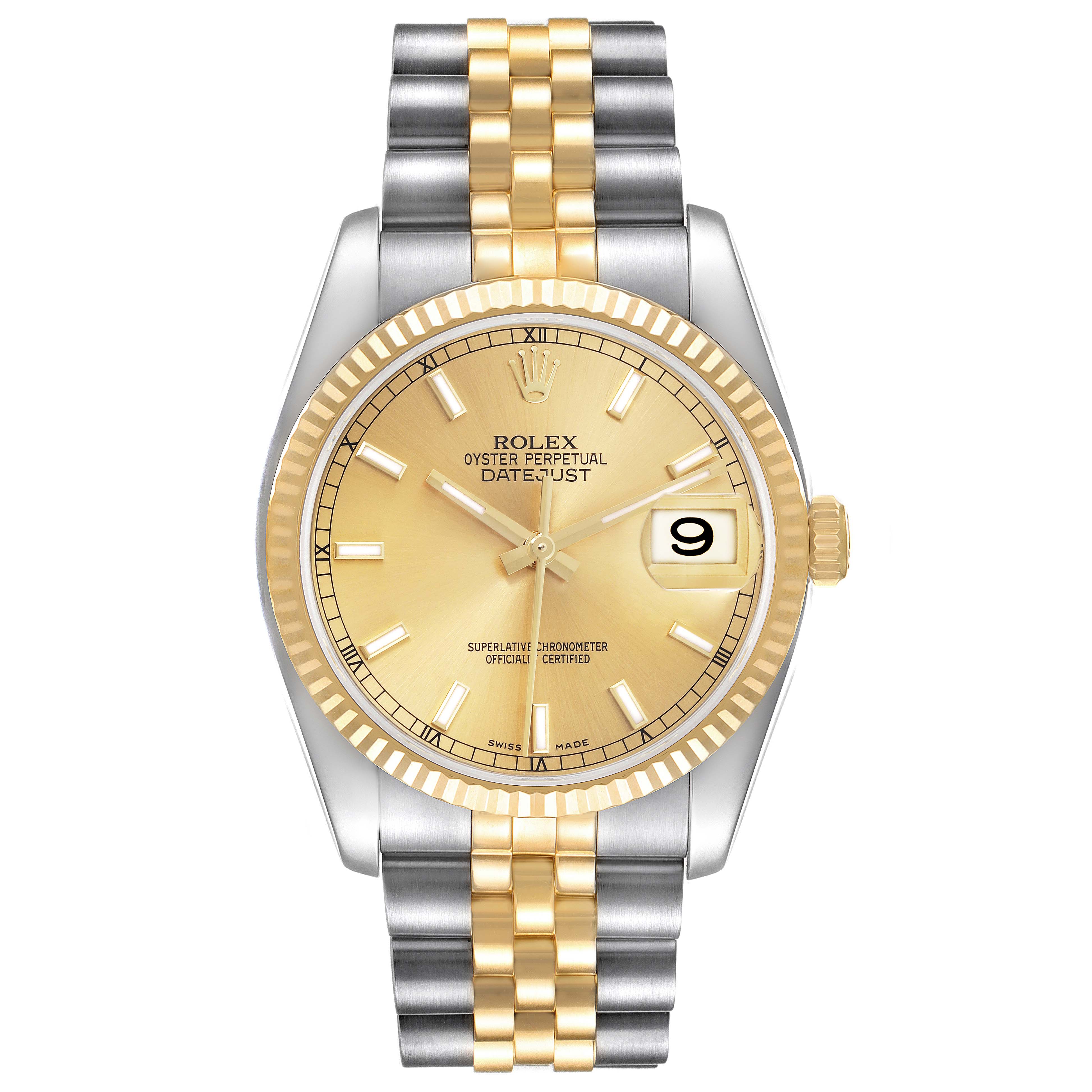 The Rolex Datejust 116233 Men
s Steel and Gold (two tone) Champagne Dial 116233 Men
s Steel and Gold (two tone) Champagne Dial watch is shown from the front, displaying the dial, bezel, and bracelet.