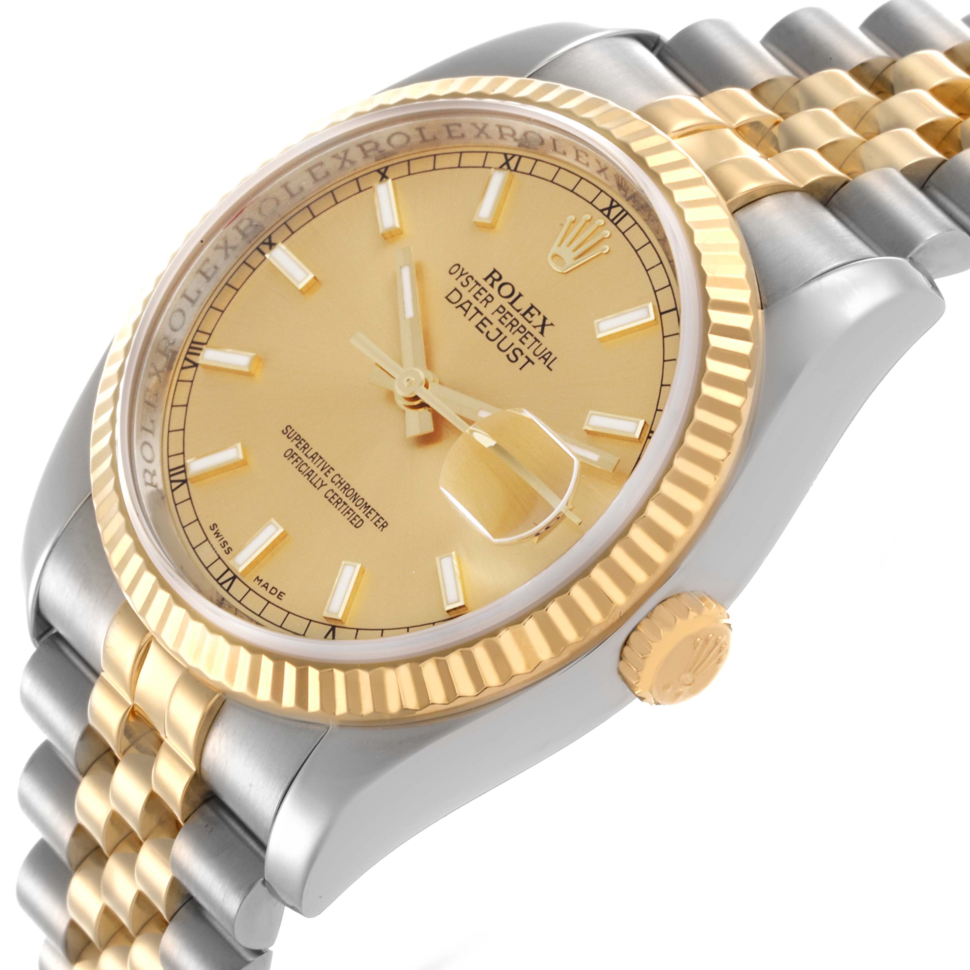The Rolex Datejust 116233 Men
s Steel and Gold (two tone) Champagne Dial 116233 Men
s Steel and Gold (two tone) Champagne Dial watch is shown at a three-quarter angle, highlighting the dial, bezel, crown, and bracelet.