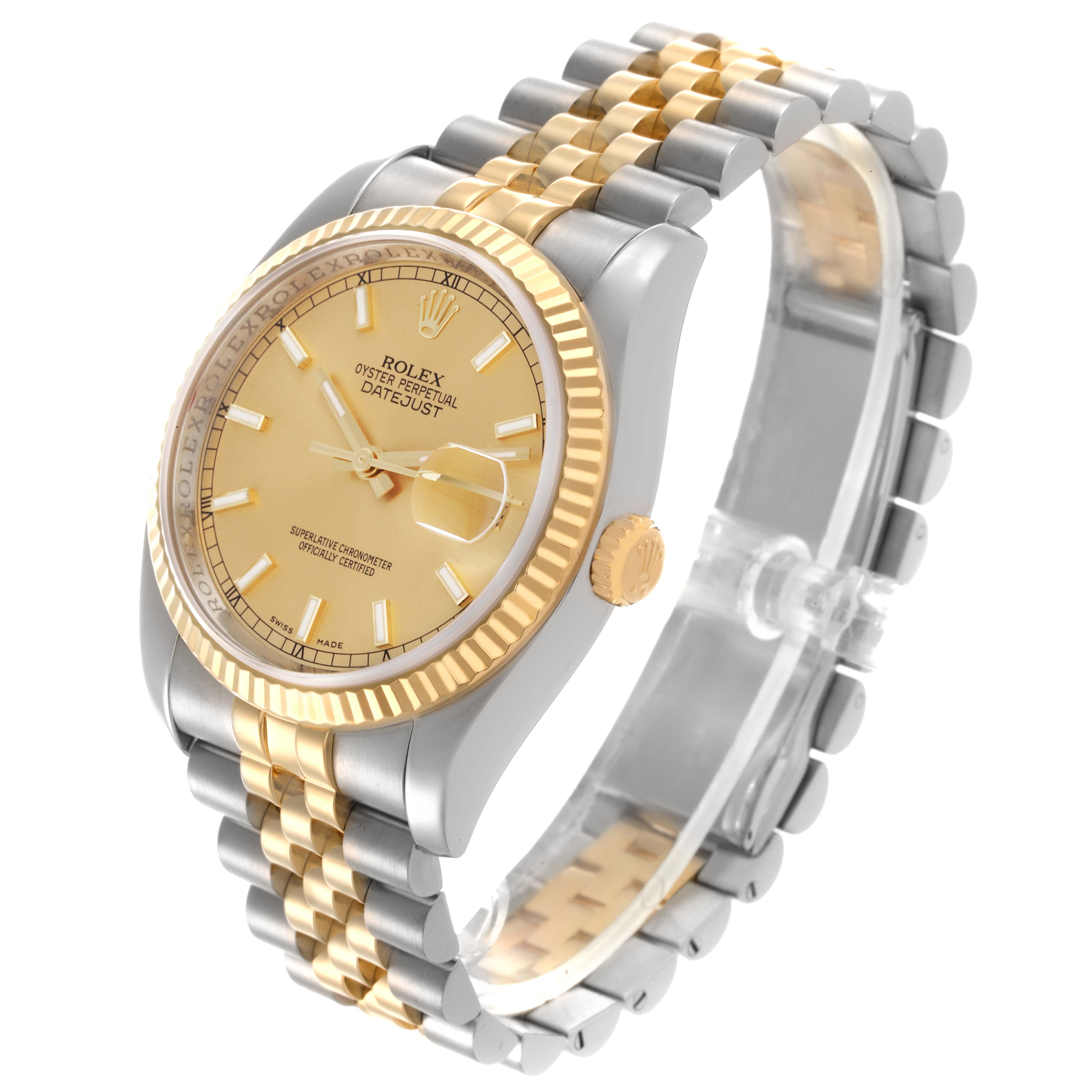 The Rolex Datejust 116233 Men
s Steel and Gold (two tone) Champagne Dial 116233 Men
s Steel and Gold (two tone) Champagne Dial watch is shown at a slight angle, highlighting the dial, fluted bezel, and gold and silver jubilee bracelet.