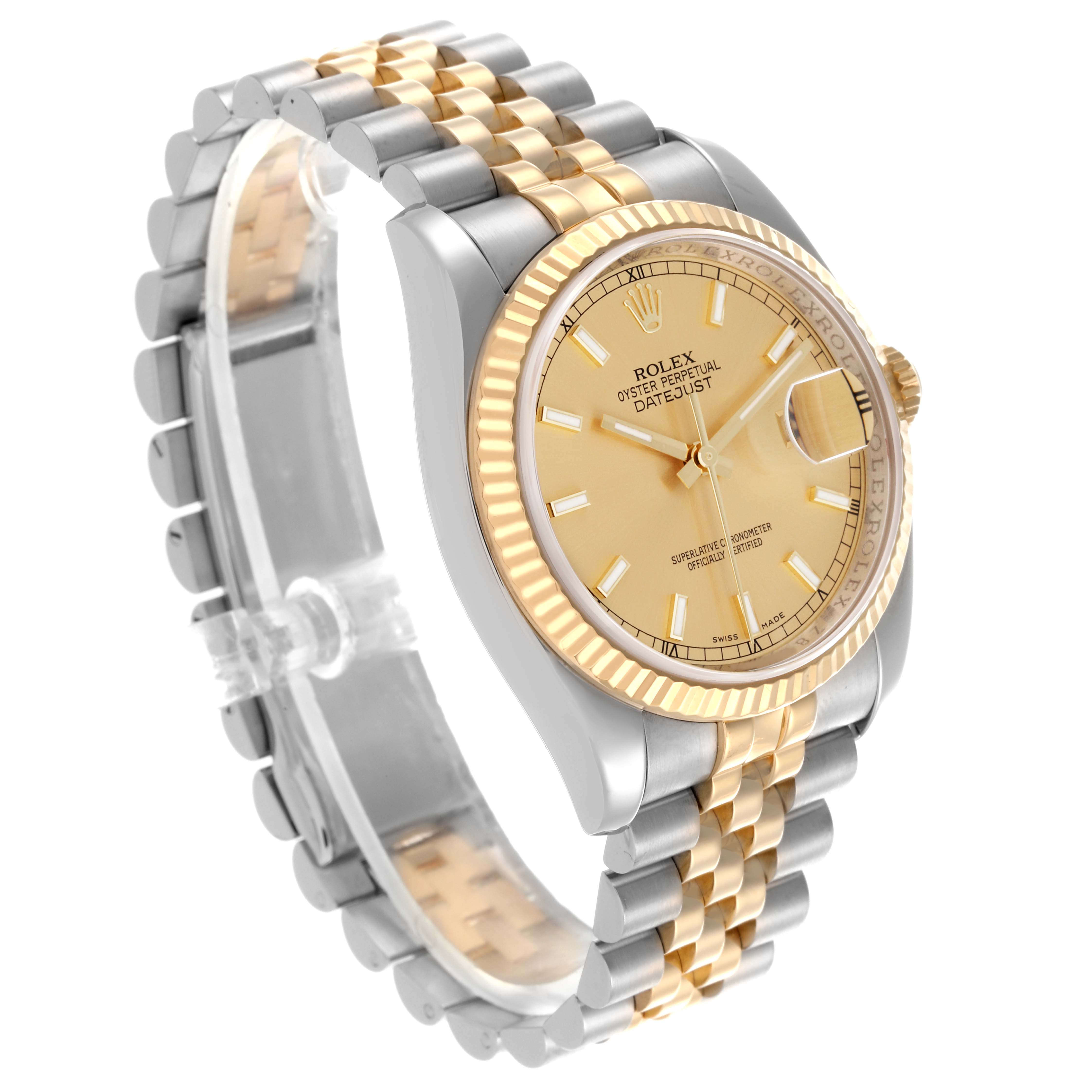 The image shows a Rolex Datejust 116233 Men
s Steel and Gold (two tone) Champagne Dial 116233 Men
s Steel and Gold (two tone) Champagne Dial watch at a three-quarter angle, highlighting its dial, bezel, and two-tone bracelet.