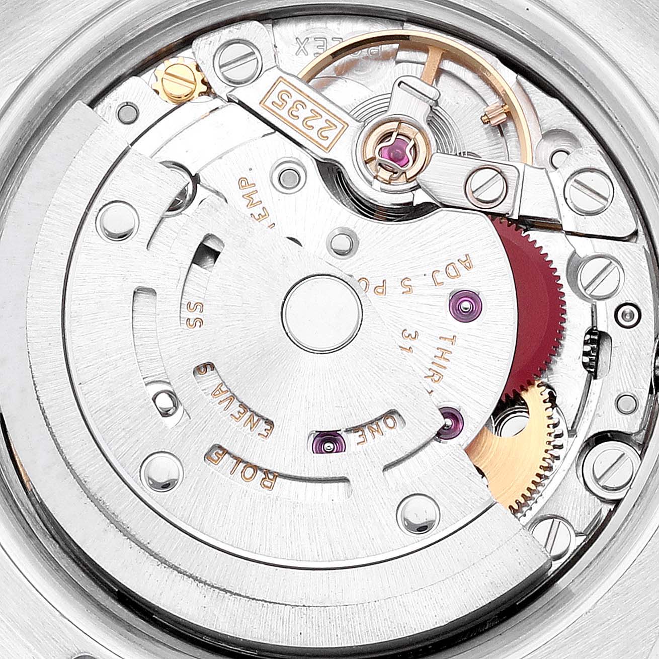 This image shows the internal movement mechanism of a Rolex Datejust 179173 Women's Steel and Gold (two tone) Champagne Dial 179173 Women's Steel and Gold (two tone) Champagne Dial watch from a top-down angle.