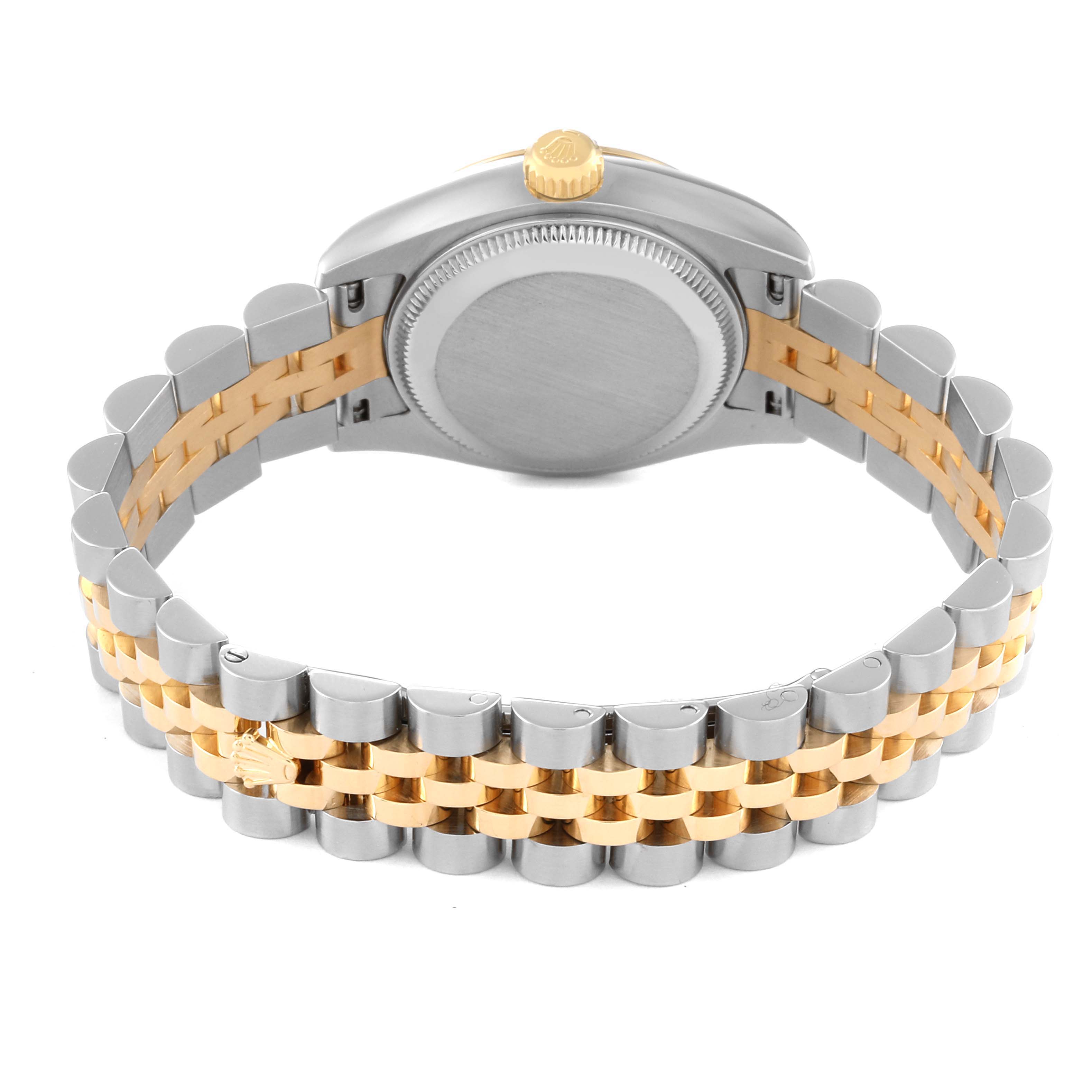 This image of the Rolex Datejust 179173 Women's Steel and Gold (two tone) Champagne Dial 179173 Women's Steel and Gold (two tone) Champagne Dial watch shows the back of the case and the two-tone Jubilee bracelet.