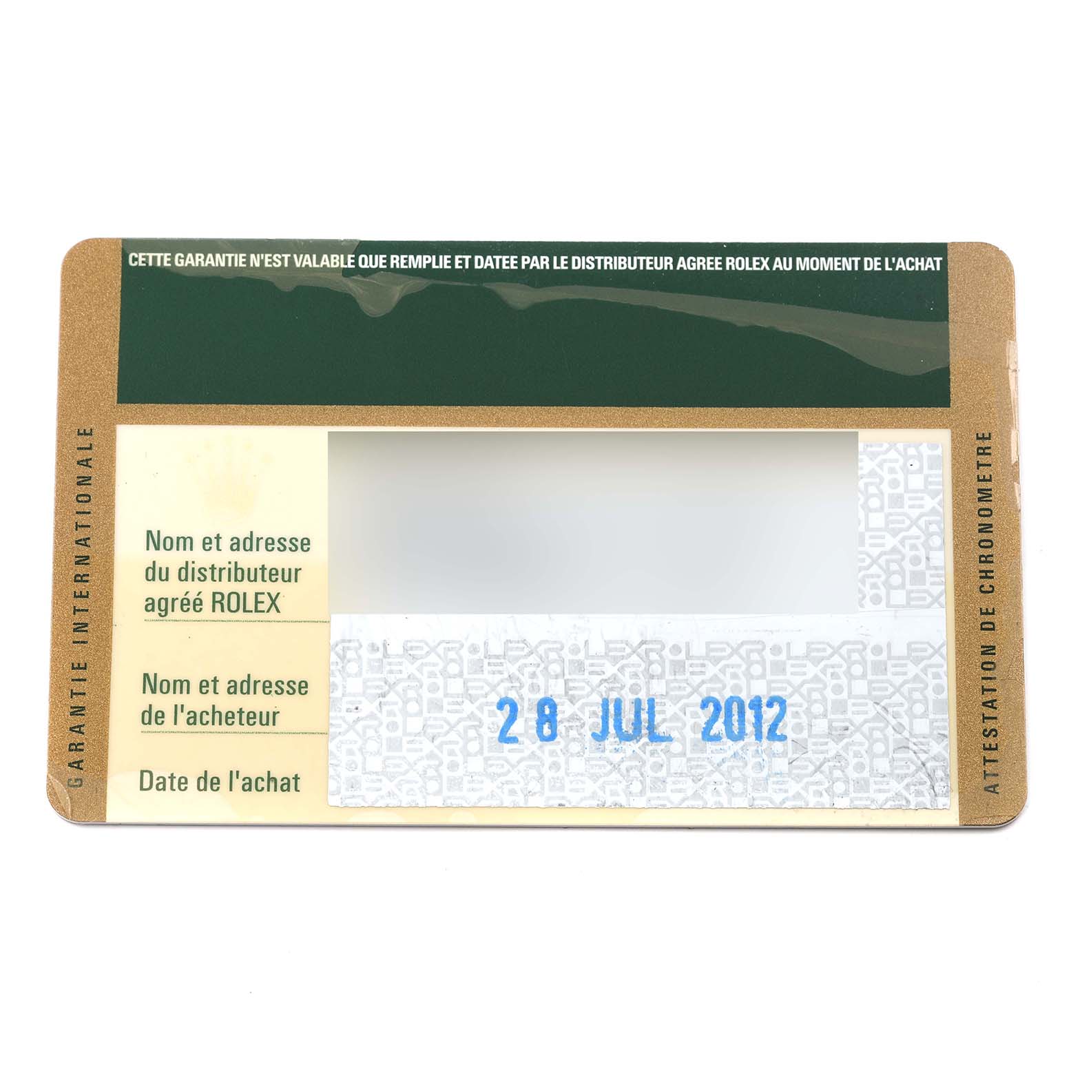 This is a warranty card for the Rolex Datejust 179173 Women's Steel and Gold (two tone) Champagne Dial 179173 Women's Steel and Gold (two tone) Champagne Dial watch, showing purchase date and partially redacted buyer and distributor information.
