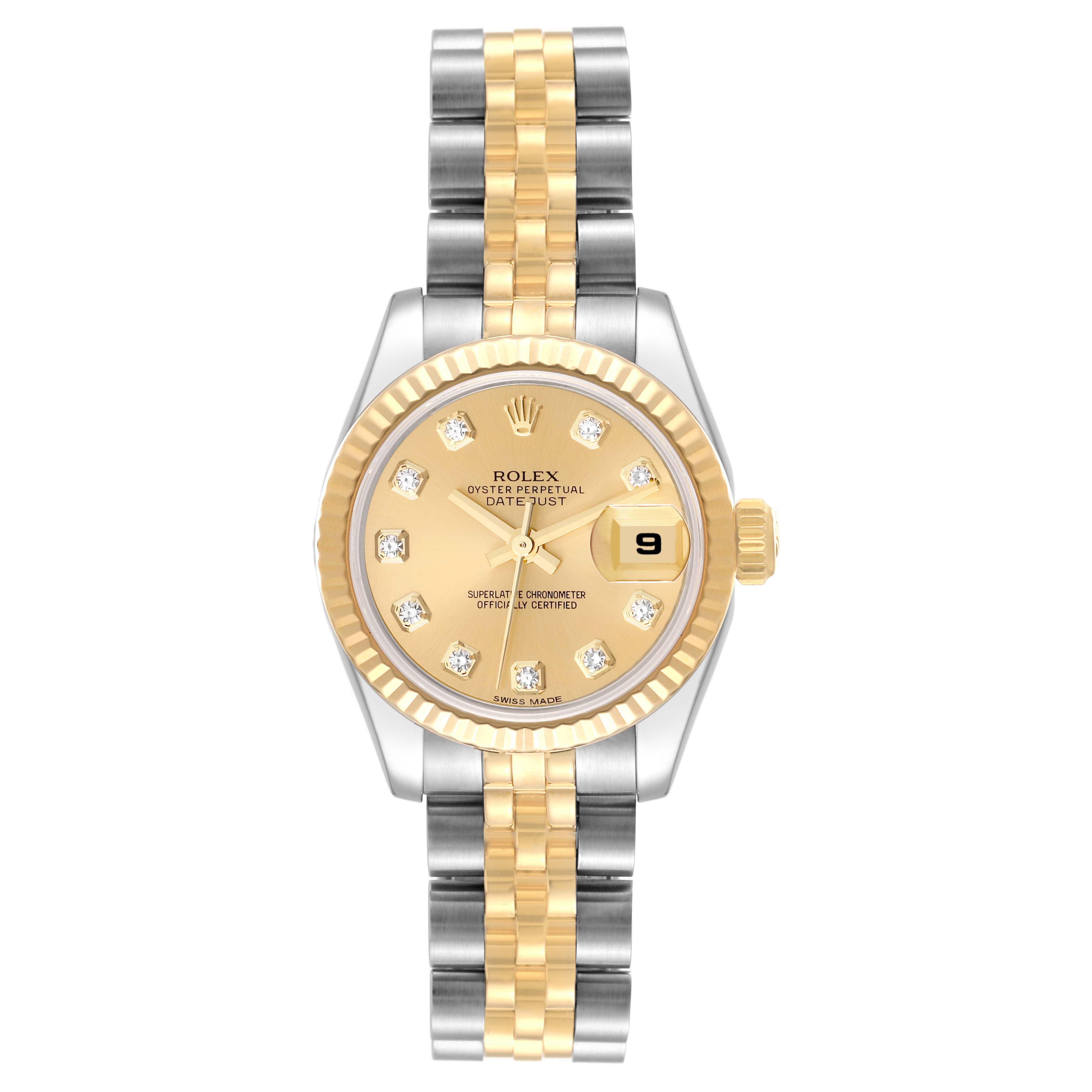 This Rolex Datejust 179173 Women's Steel and Gold (two tone) Champagne Dial 179173 Women's Steel and Gold (two tone) Champagne Dial model is shown from a top-down angle, displaying its dial, bezel, and two-tone bracelet.