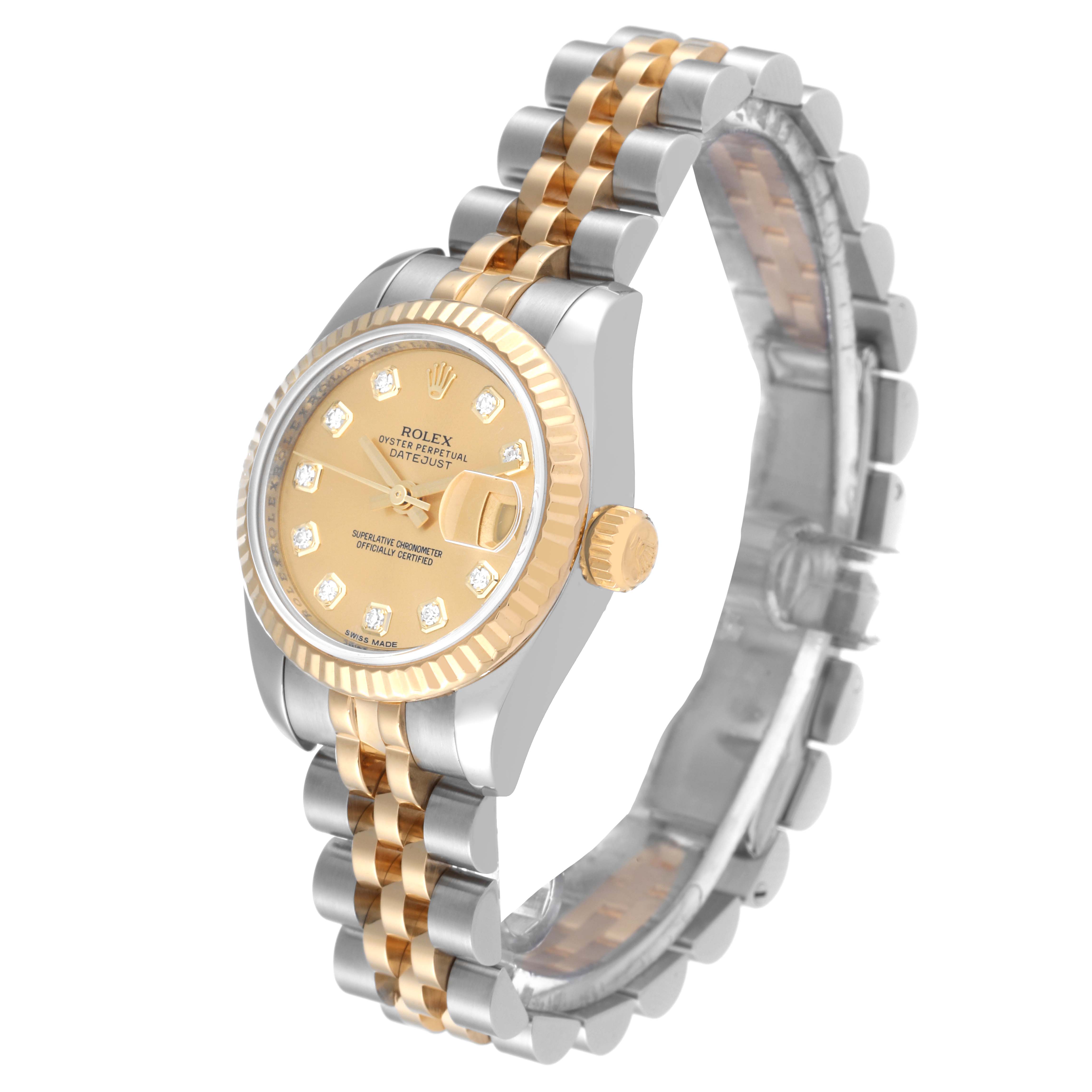 The image shows a Rolex Datejust 179173 Women's Steel and Gold (two tone) Champagne Dial 179173 Women's Steel and Gold (two tone) Champagne Dial watch angled to display the side, face, and bracelet, highlighting its two-tone design and diamond markers.