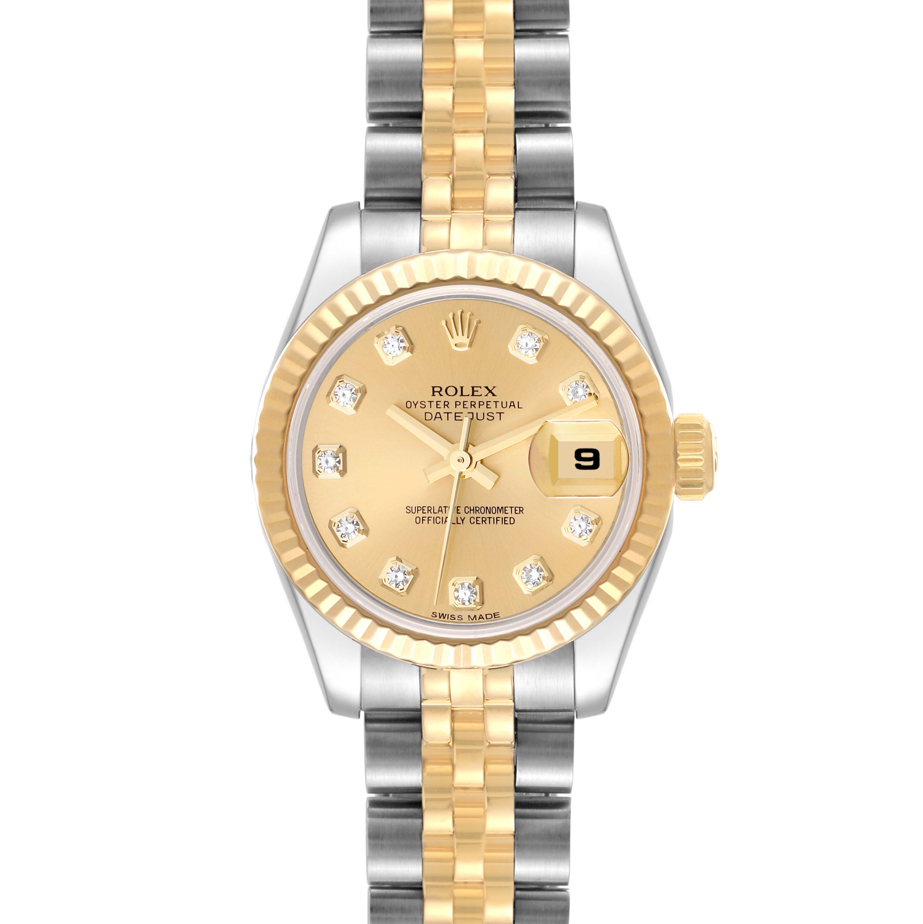 This is a front view of a Rolex Datejust 179173 Women's Steel and Gold (two tone) Champagne Dial 179173 Women's Steel and Gold (two tone) Champagne Dial watch showing the dial, fluted bezel, date window, and two-tone bracelet.