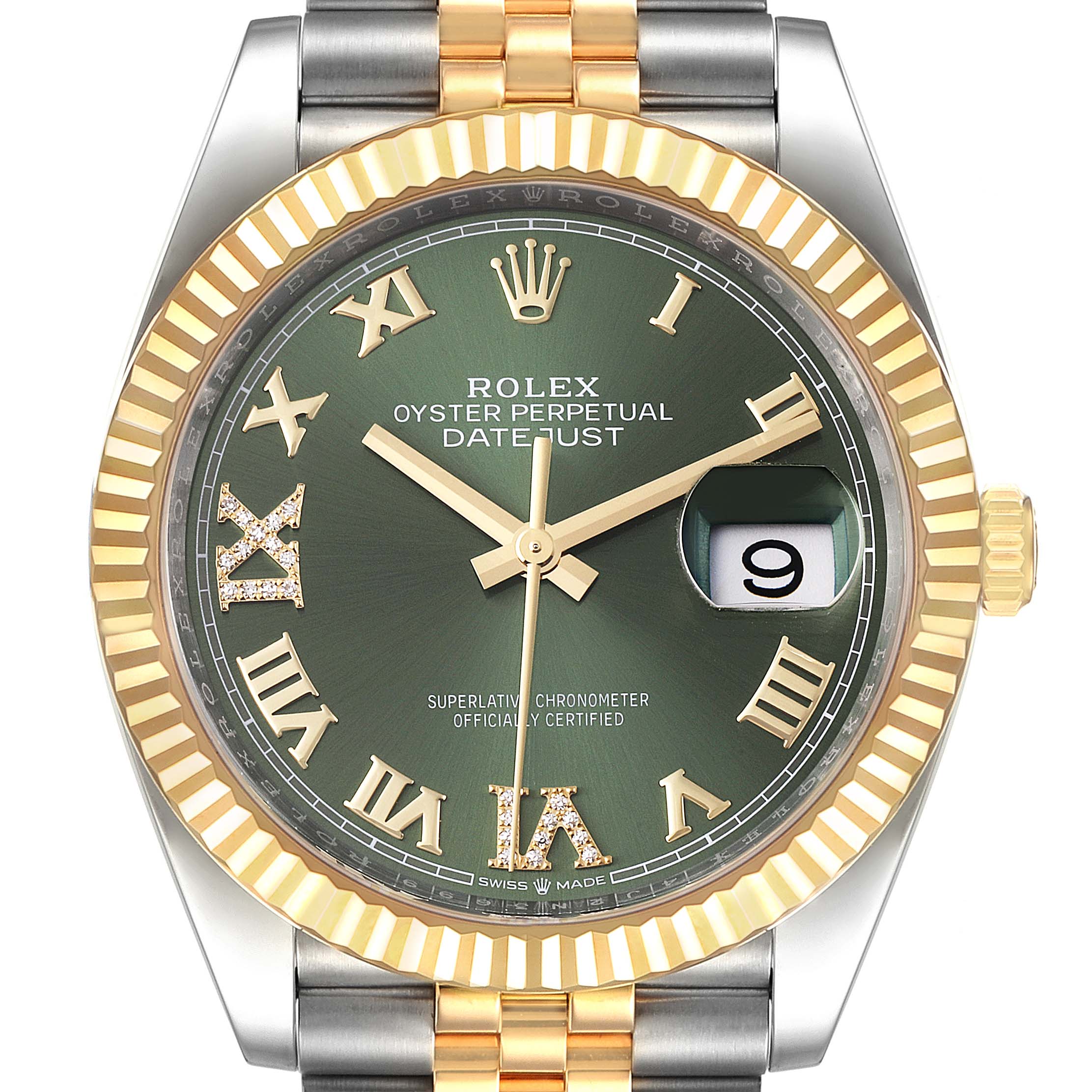 This image shows a frontal view of the Rolex Datejust 126233 Men's Steel and Gold (two tone) Green Dial 126233 Men's Steel and Gold (two tone) Green Dial watch, highlighting the dial, bezel, hands, and part of the bracelet.