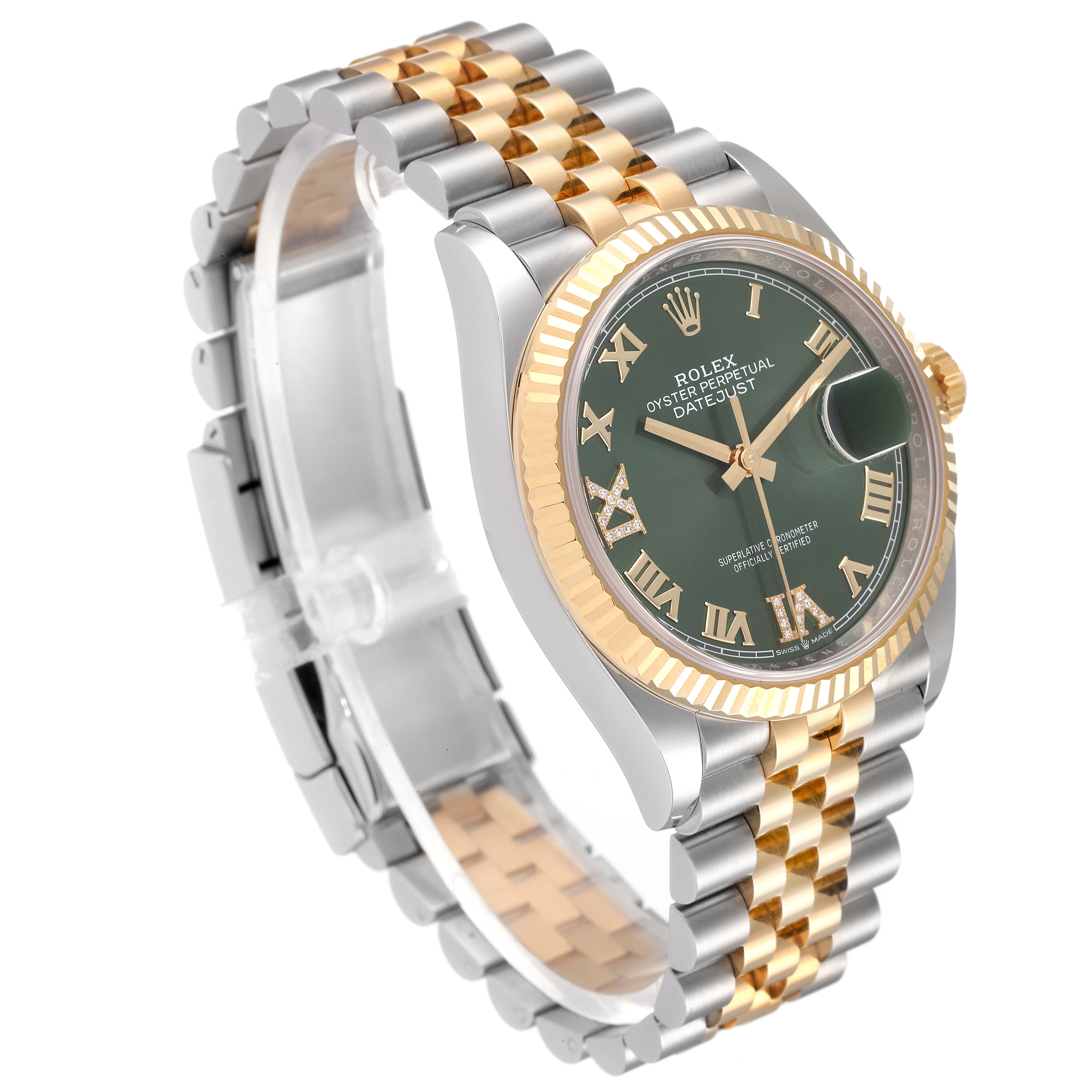 This image is an angled view of a Rolex Datejust 126233 Men's Steel and Gold (two tone) Green Dial 126233 Men's Steel and Gold (two tone) Green Dial watch, showing its face, bezel, and band.