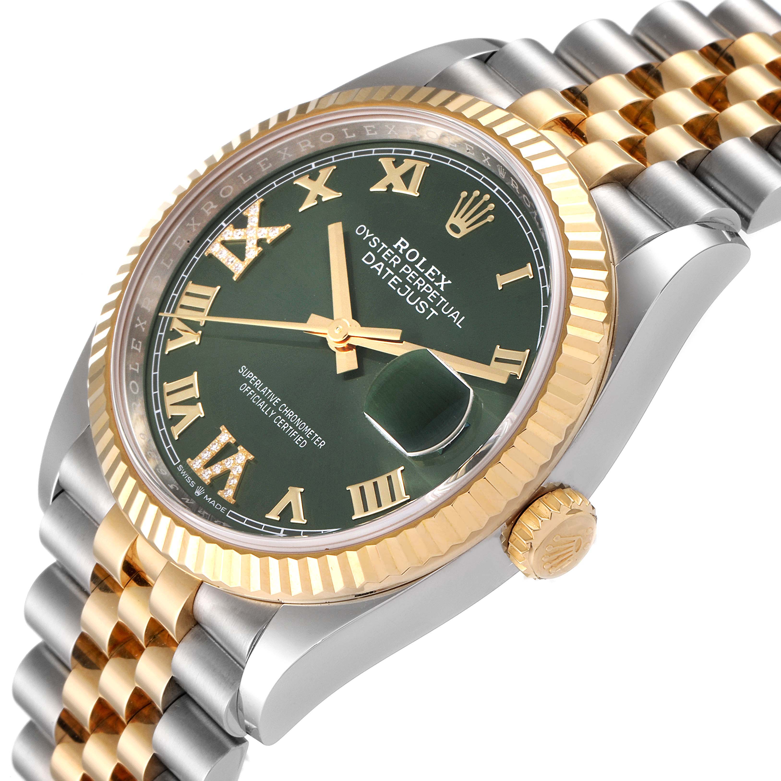 This image shows a Rolex Datejust 126233 Men's Steel and Gold (two tone) Green Dial 126233 Men's Steel and Gold (two tone) Green Dial watch at an angled close-up, highlighting the dial, bezel, crown, and part of the bracelet.