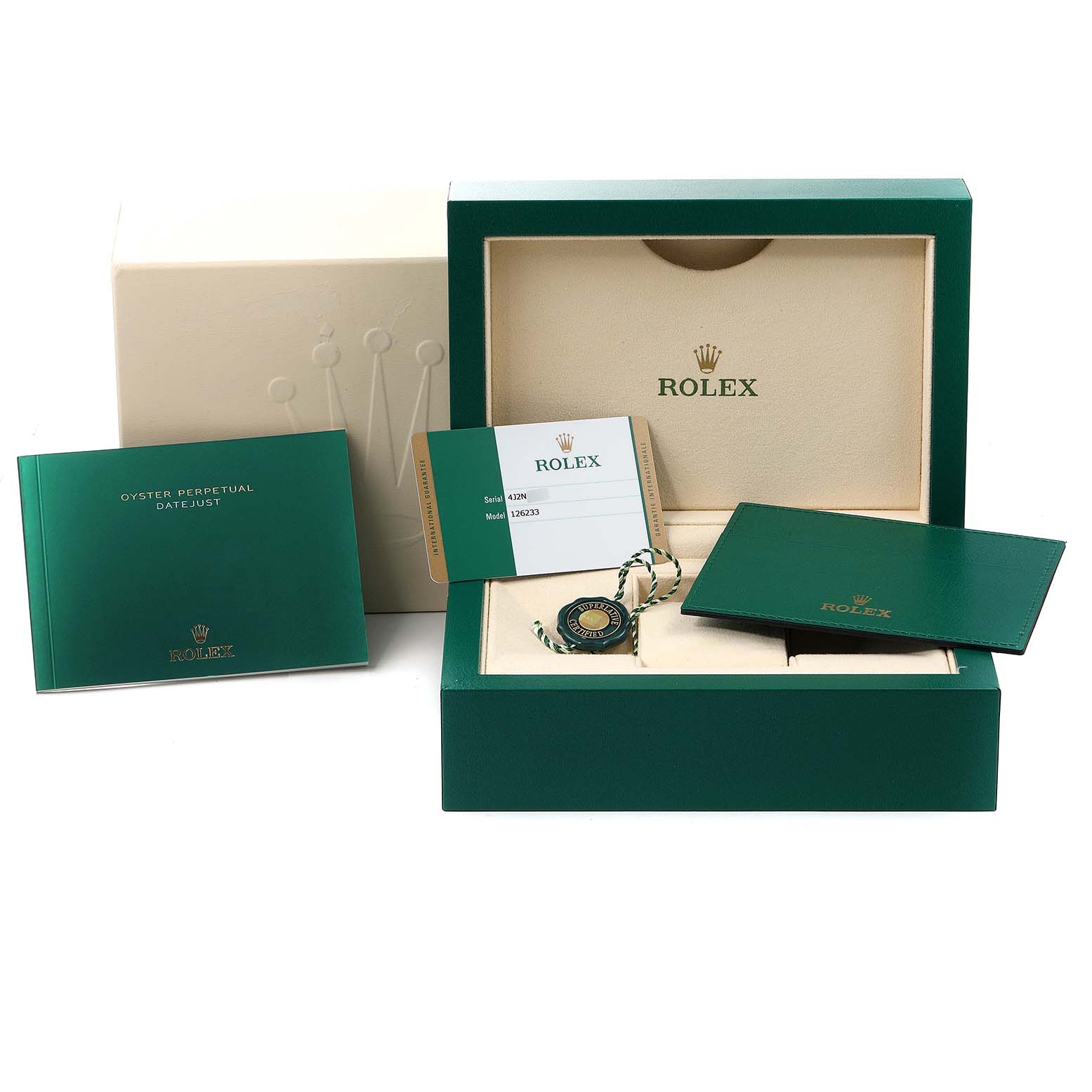 This image shows a Rolex Datejust 126233 Men's Steel and Gold (two tone) Green Dial 126233 Men's Steel and Gold (two tone) Green Dial watch box, warranty card, booklet, and tag from a front angle.
