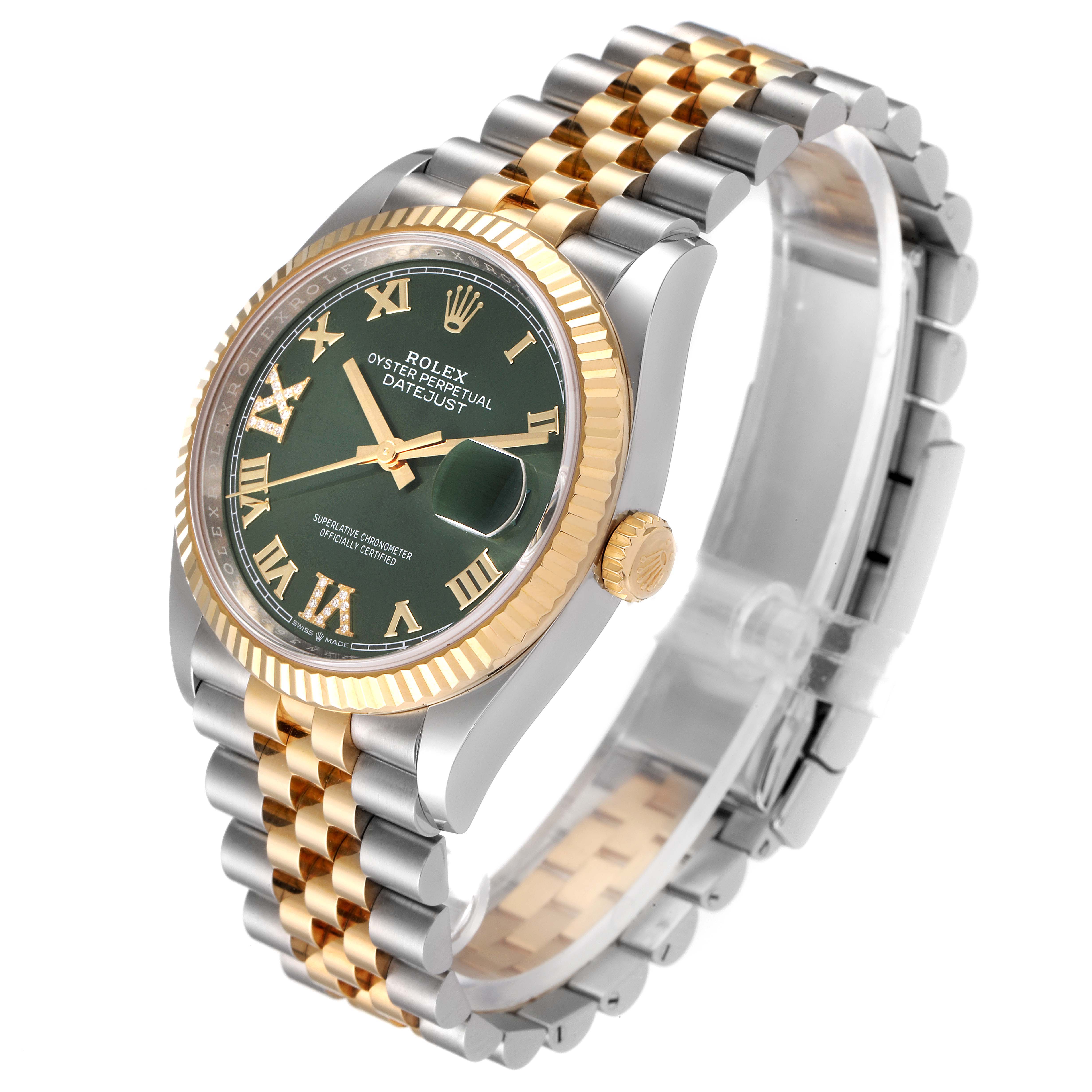 The Rolex Datejust 126233 Men's Steel and Gold (two tone) Green Dial 126233 Men's Steel and Gold (two tone) Green Dial watch is shown at a three-quarter angle, highlighting the gold bezel, green dial, and two-tone Jubilee bracelet.