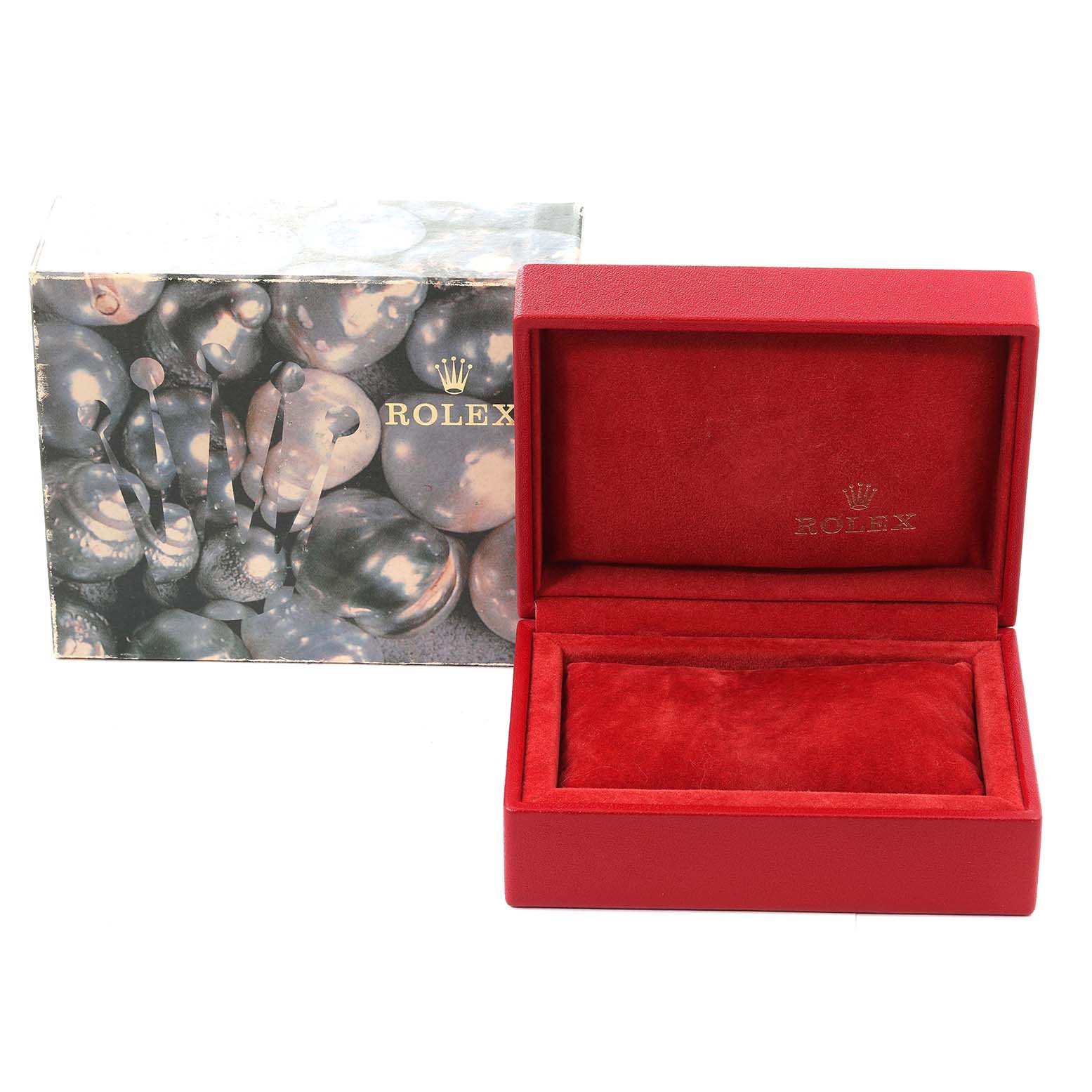 The image shows a Rolex Datejust 79173 Women's Steel and Gold (two tone) Silver Dial 79173 Women's Steel and Gold (two tone) Silver Dial watch box, including a decorative outer box and an open, red interior display case.