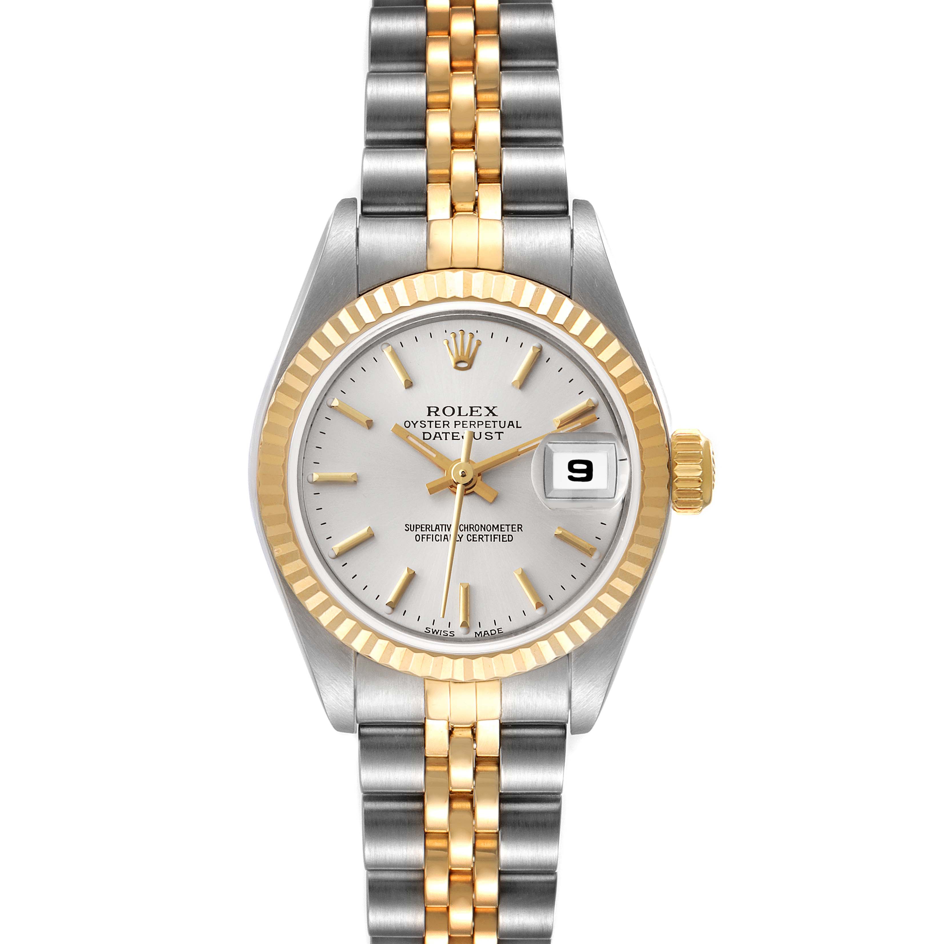 The image shows a Rolex Datejust 79173 Women's Steel and Gold (two tone) Silver Dial 79173 Women's Steel and Gold (two tone) Silver Dial watch from the front, highlighting its dial, bezel, and two-tone bracelet.