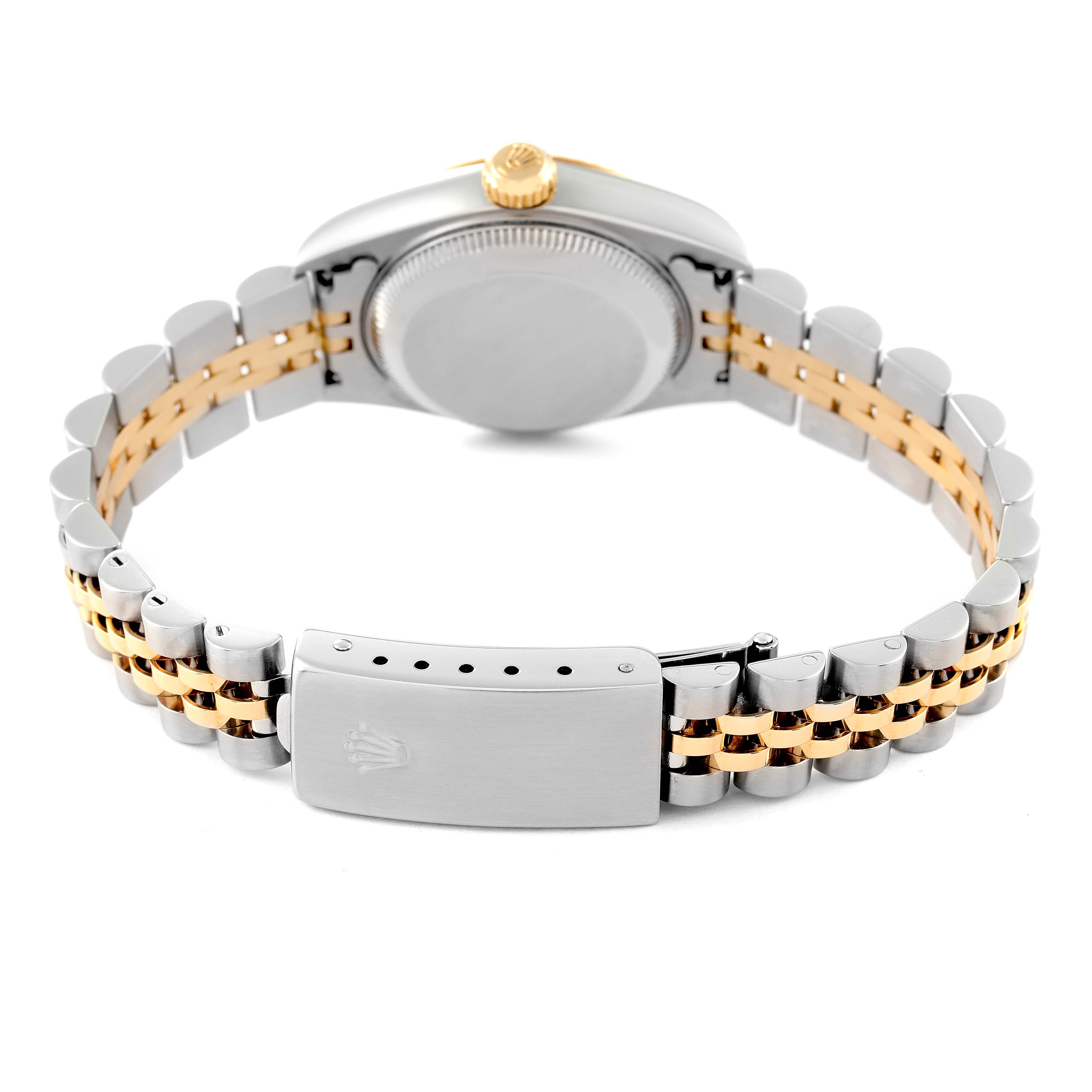 The image shows the back of a Rolex Datejust 79173 Women's Steel and Gold (two tone) Silver Dial 79173 Women's Steel and Gold (two tone) Silver Dial watch, highlighting the case, crown, and two-tone bracelet with the clasp.