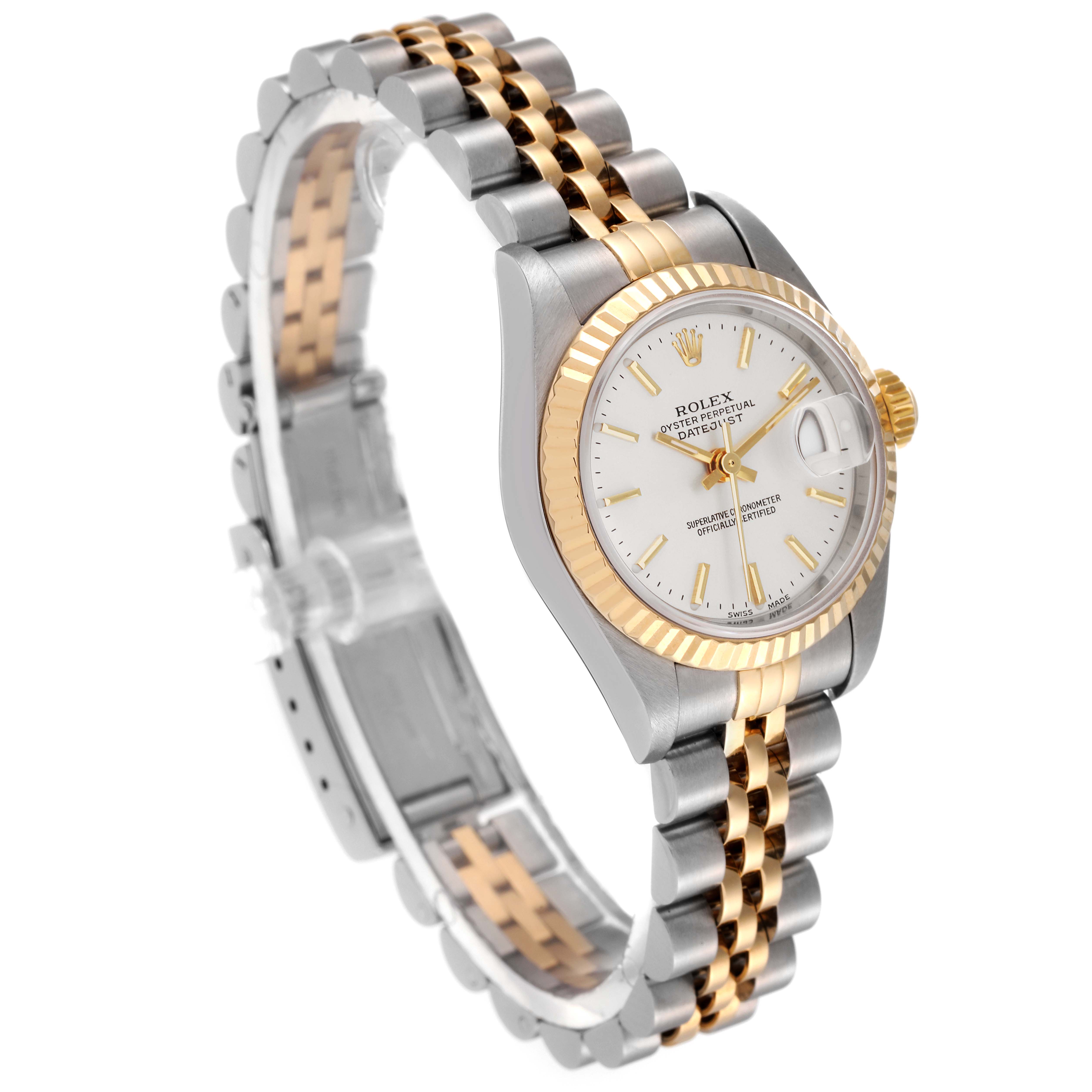 This Rolex Datejust 79173 Women's Steel and Gold (two tone) Silver Dial 79173 Women's Steel and Gold (two tone) Silver Dial watch is shown at an angled view, highlighting its two-tone bracelet, fluted bezel, and white dial with gold markers.