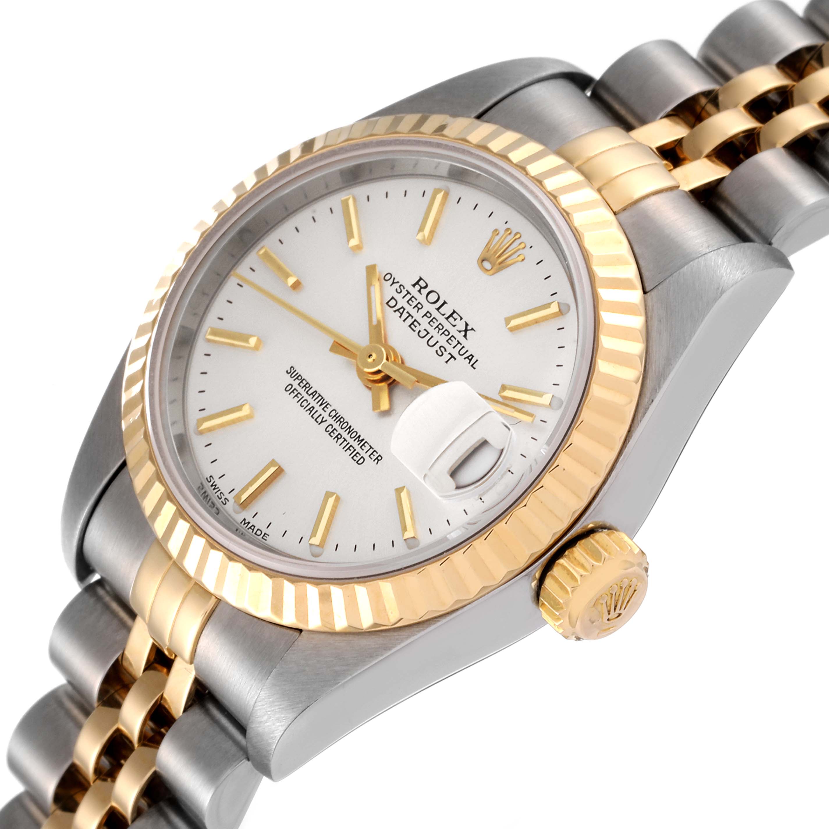 This image shows the Rolex Datejust 79173 Women's Steel and Gold (two tone) Silver Dial 79173 Women's Steel and Gold (two tone) Silver Dial watch at an angled close-up, highlighting its bezel, crown, dial, and bracelet.