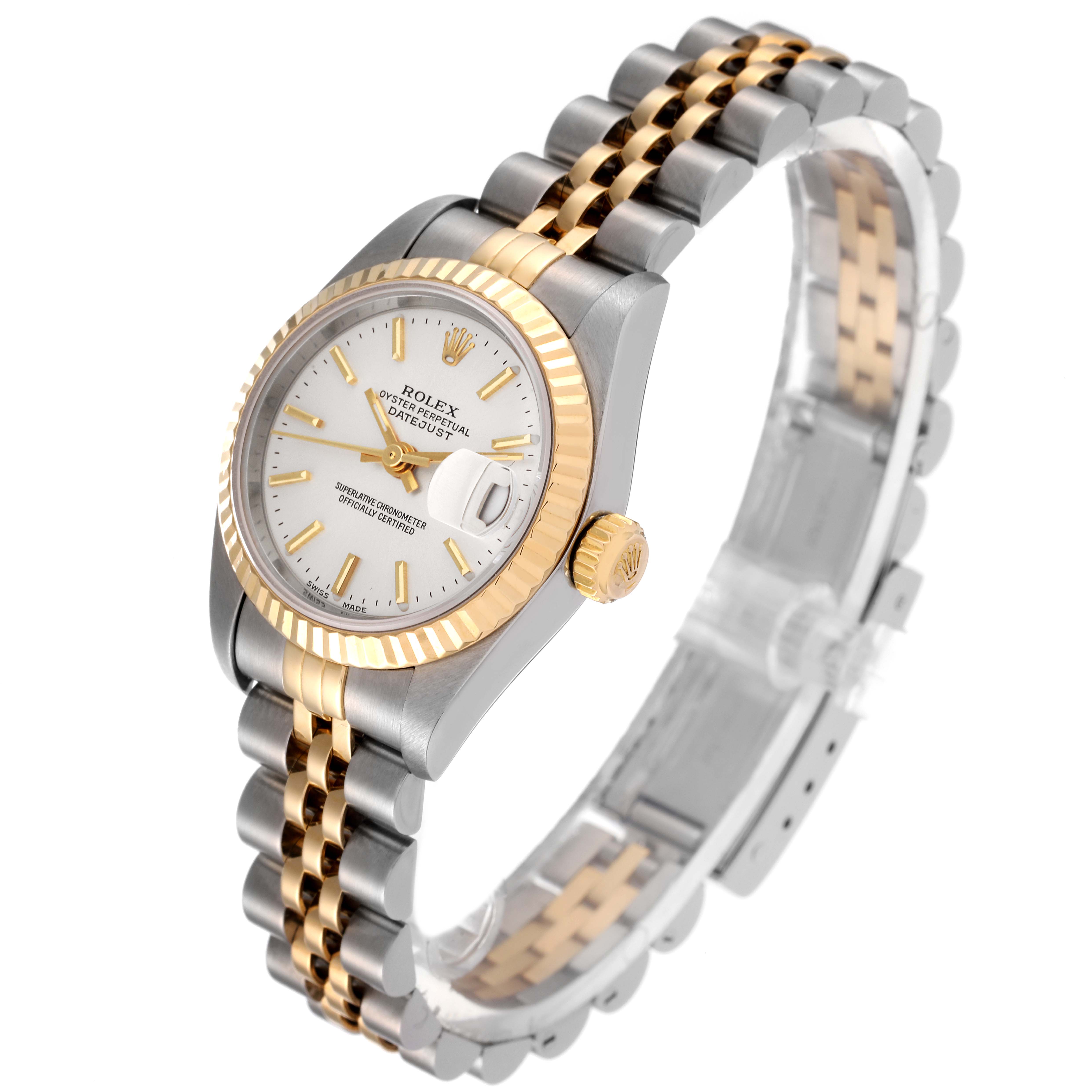 This image depicts a Rolex Datejust 79173 Women's Steel and Gold (two tone) Silver Dial 79173 Women's Steel and Gold (two tone) Silver Dial watch at a three-quarter angle, showcasing the face, bezel, crown, and bracelet.