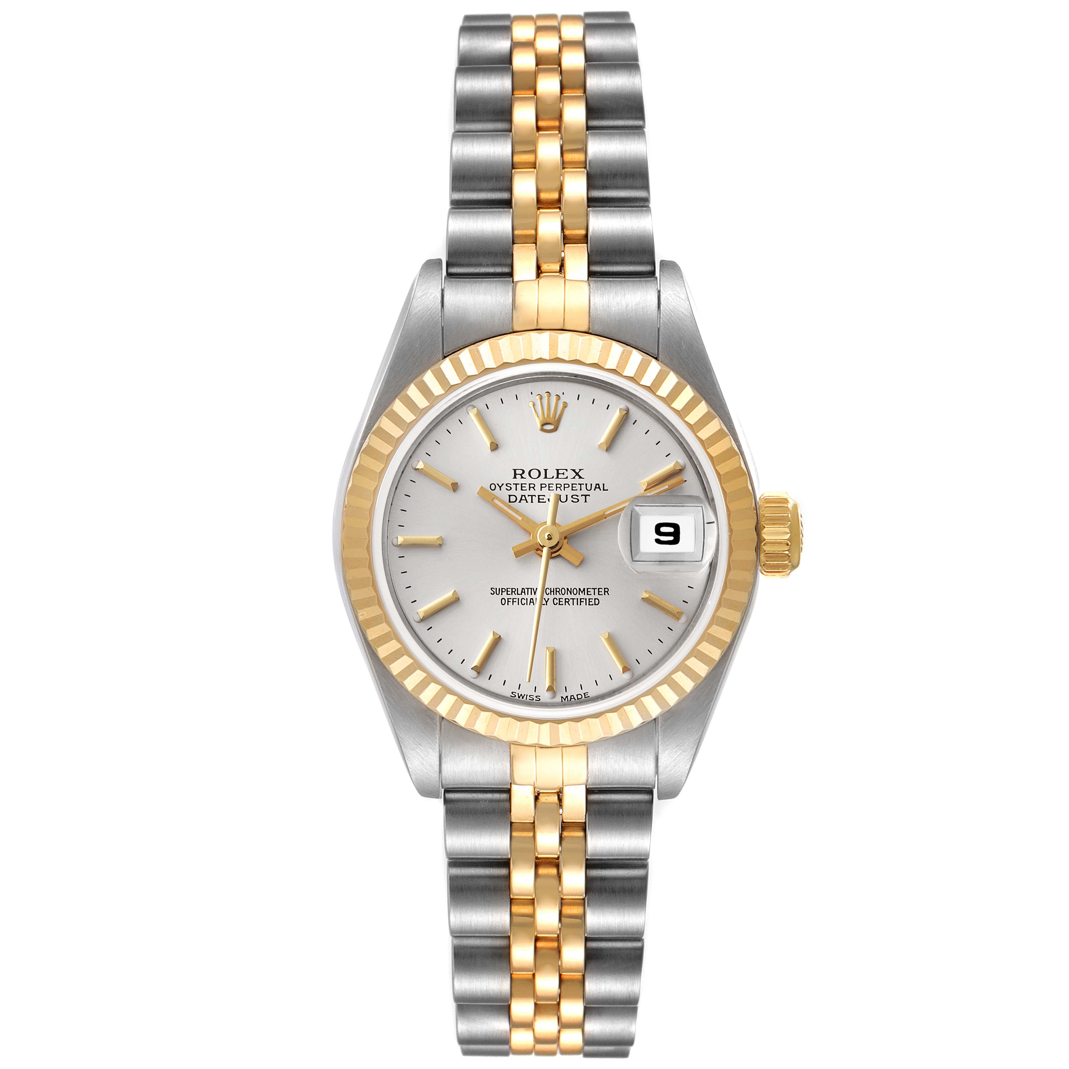 The image shows the front view of a Rolex Datejust 79173 Women's Steel and Gold (two tone) Silver Dial 79173 Women's Steel and Gold (two tone) Silver Dial watch, depicting its face, bezel, and two-tone bracelet.