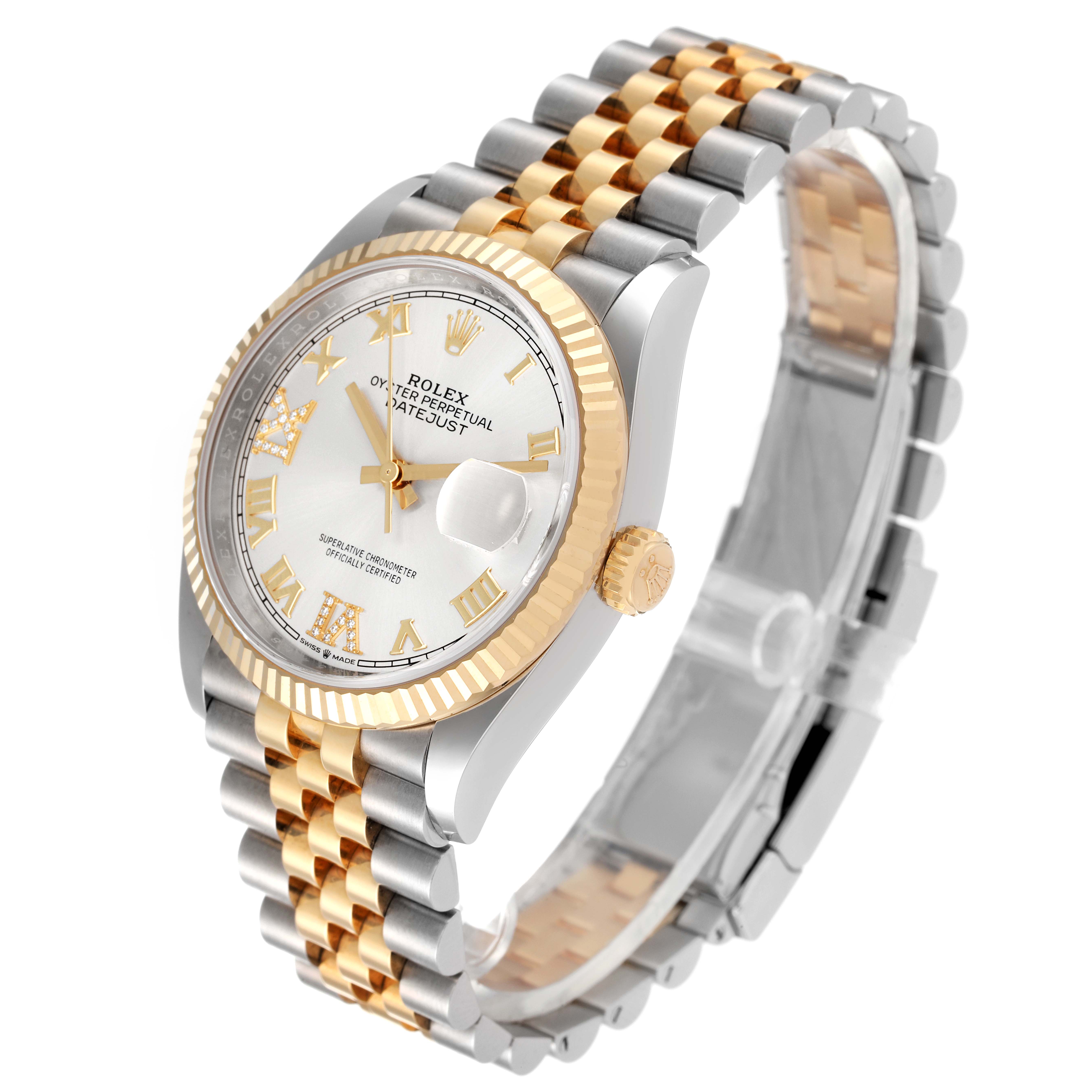 This image shows a Rolex Datejust 126233 Men's Steel and Gold (two tone) Silver Dial 126233 Men's Steel and Gold (two tone) Silver Dial watch at an angle highlighting its face, bezel, crown, and two-tone bracelet.