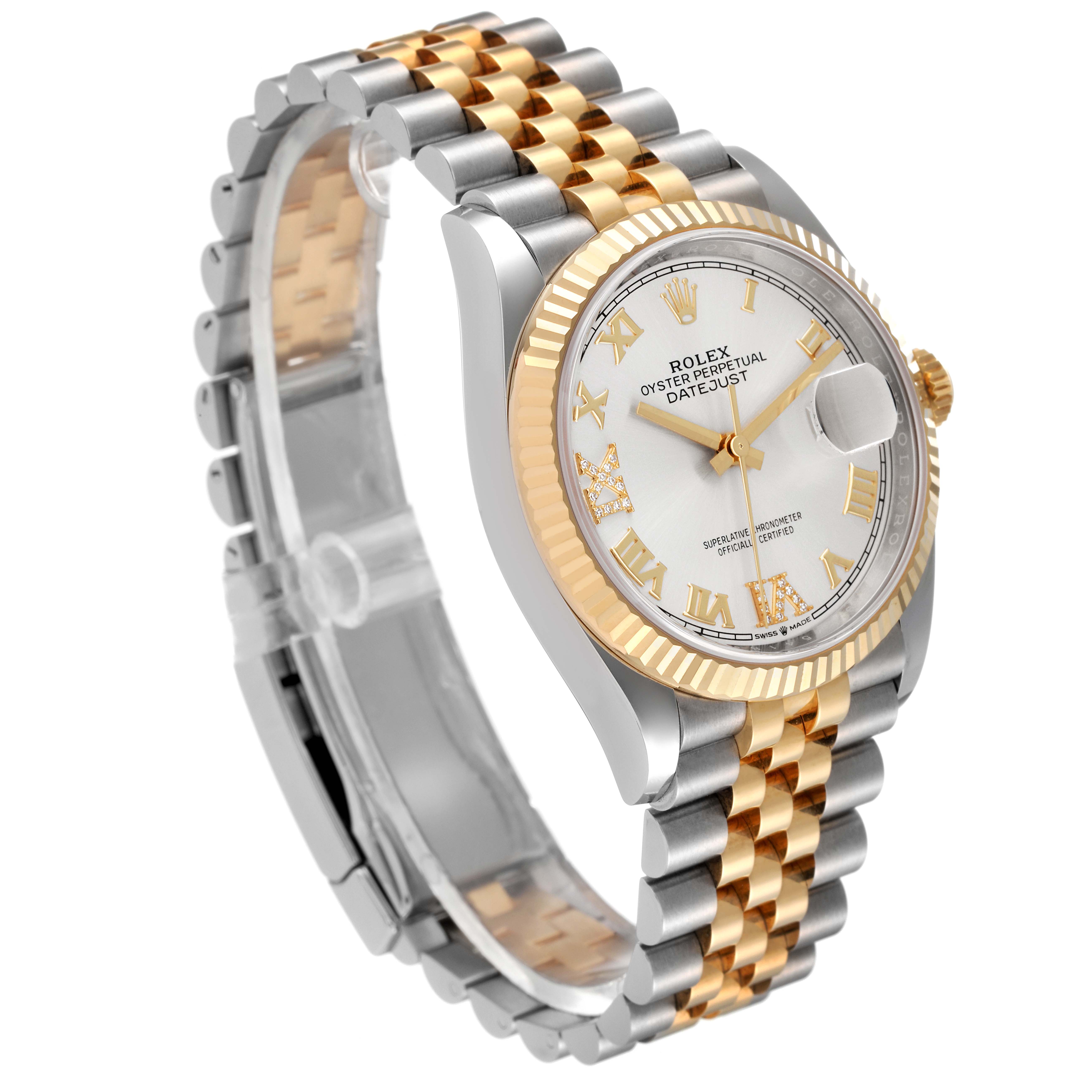 This image shows the front and side view of a Rolex Datejust 126233 Men's Steel and Gold (two tone) Silver Dial 126233 Men's Steel and Gold (two tone) Silver Dial watch, highlighting its dial, bezel, and bracelet.