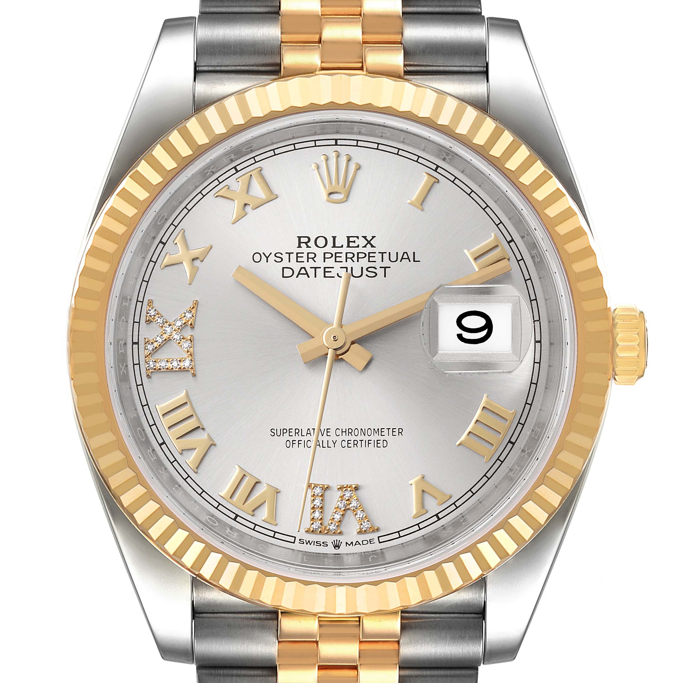 The image shows a Rolex Datejust 126233 Men's Steel and Gold (two tone) Silver Dial 126233 Men's Steel and Gold (two tone) Silver Dial watch from a front angle, highlighting the face, bezel, crown, and bracelet.