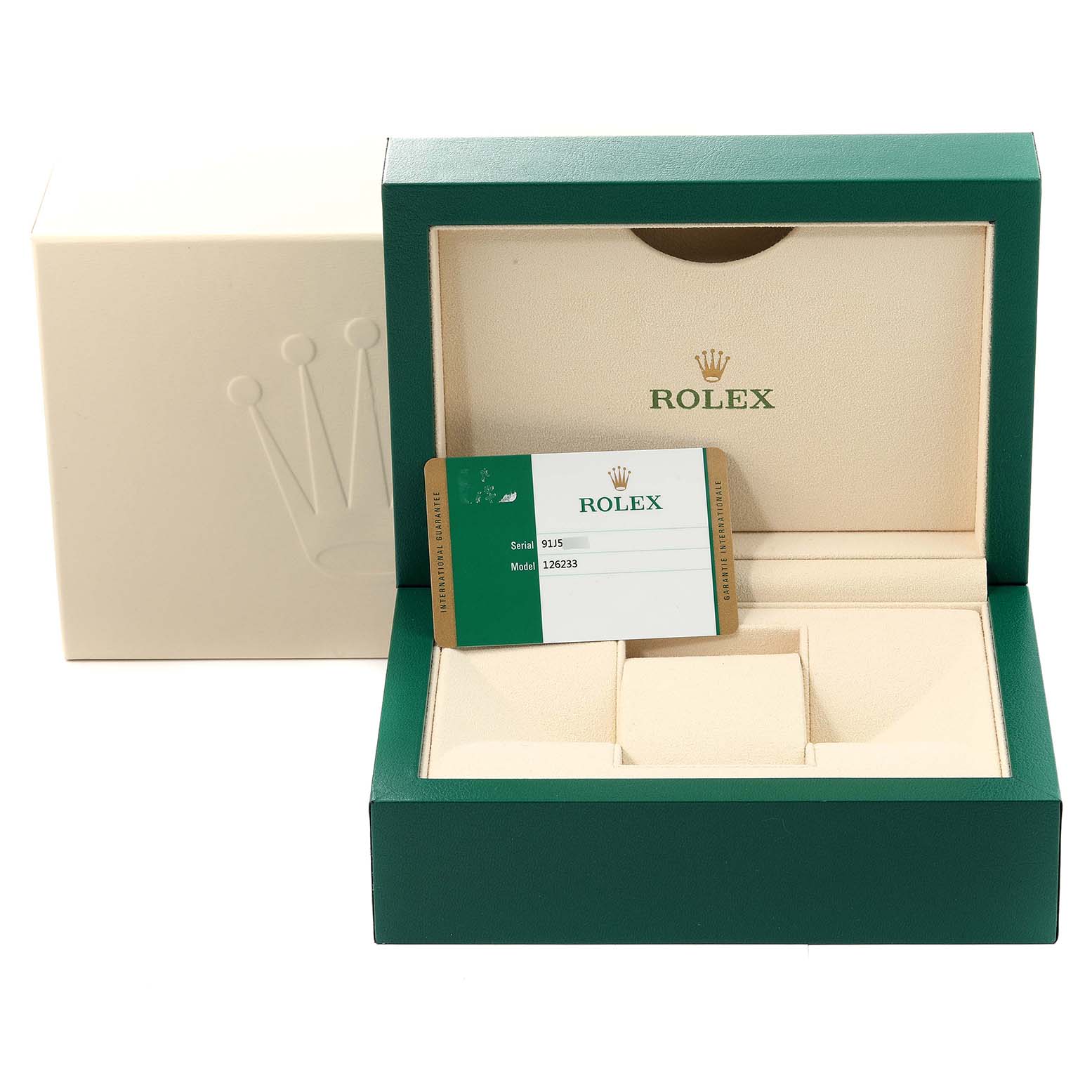 The image shows the open box and guarantee card for a Rolex Datejust 126233 Men's Steel and Gold (two tone) Silver Dial 126233 Men's Steel and Gold (two tone) Silver Dial model, with model number 126233.