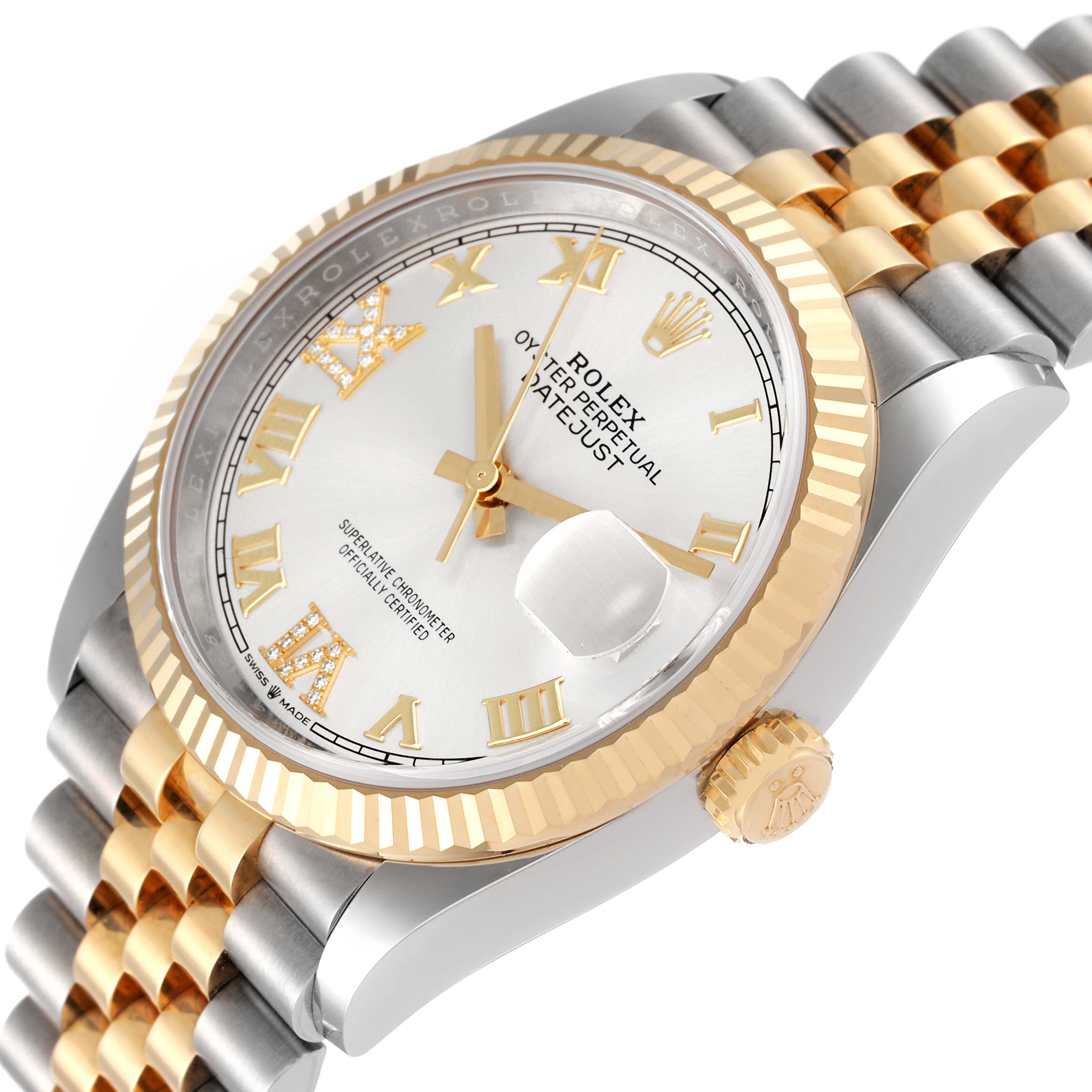 This image shows a close-up angled view of the Rolex Datejust 126233 Men's Steel and Gold (two tone) Silver Dial 126233 Men's Steel and Gold (two tone) Silver Dial watch, highlighting the bezel, dial, crown, and part of the bracelet.