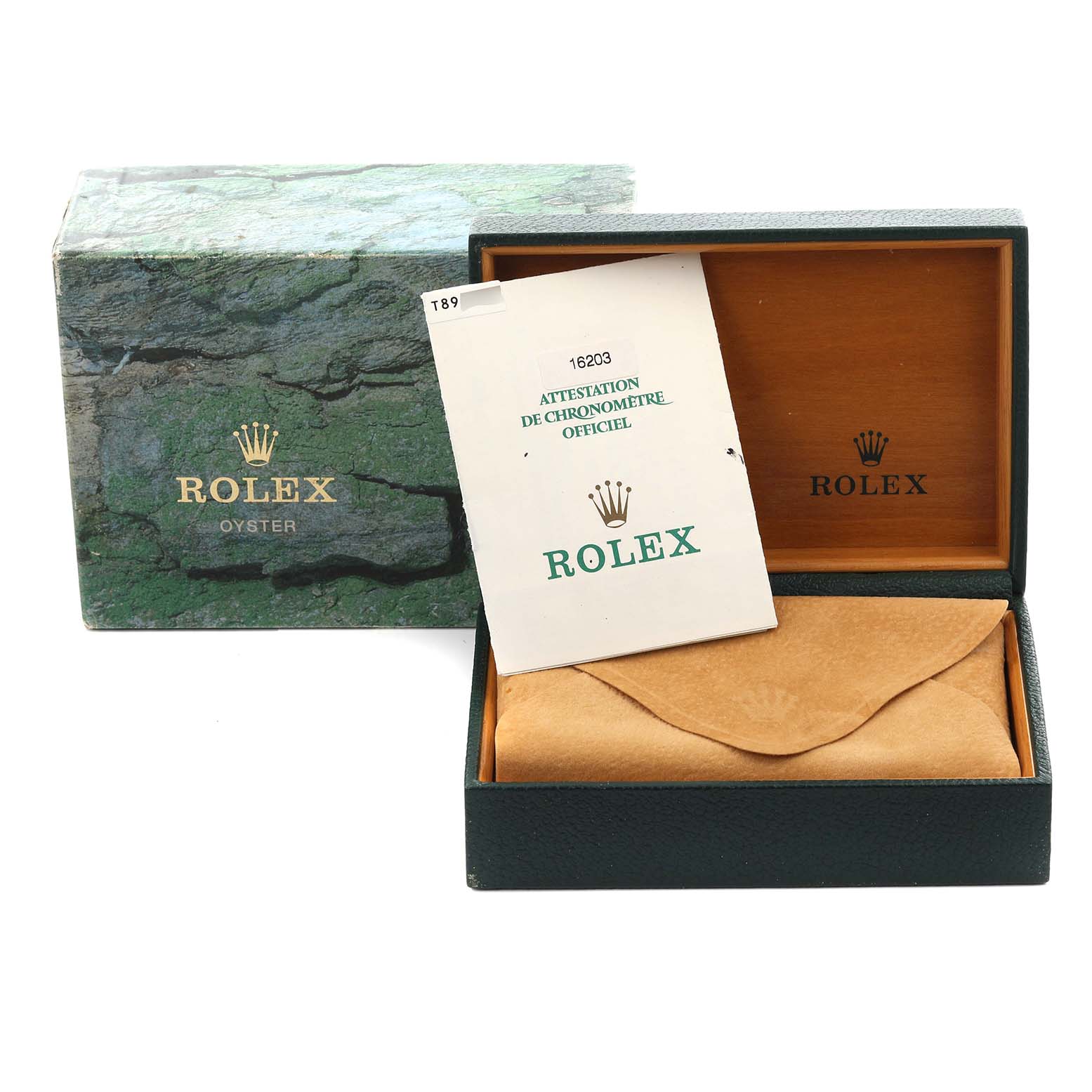 The image shows a Rolex Datejust 16203 Men's Steel and Gold (two tone) Grey Dial 16203 Men's Steel and Gold (two tone) Grey Dial box, with papers and a pouch, viewed from the front.