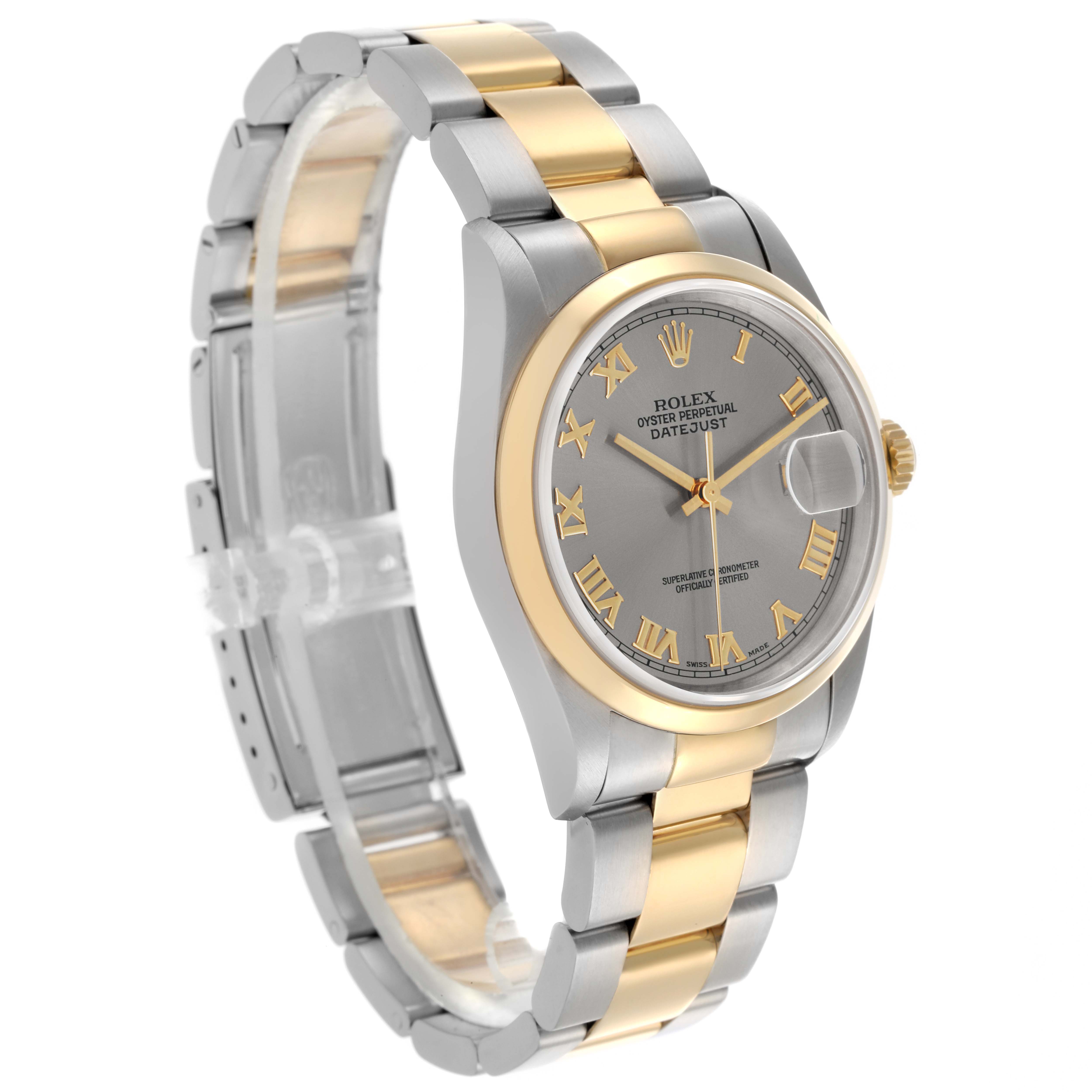 The Rolex Datejust 16203 Men's Steel and Gold (two tone) Grey Dial 16203 Men's Steel and Gold (two tone) Grey Dial watch is shown at an angle highlighting the face, bezel, and bracelet.