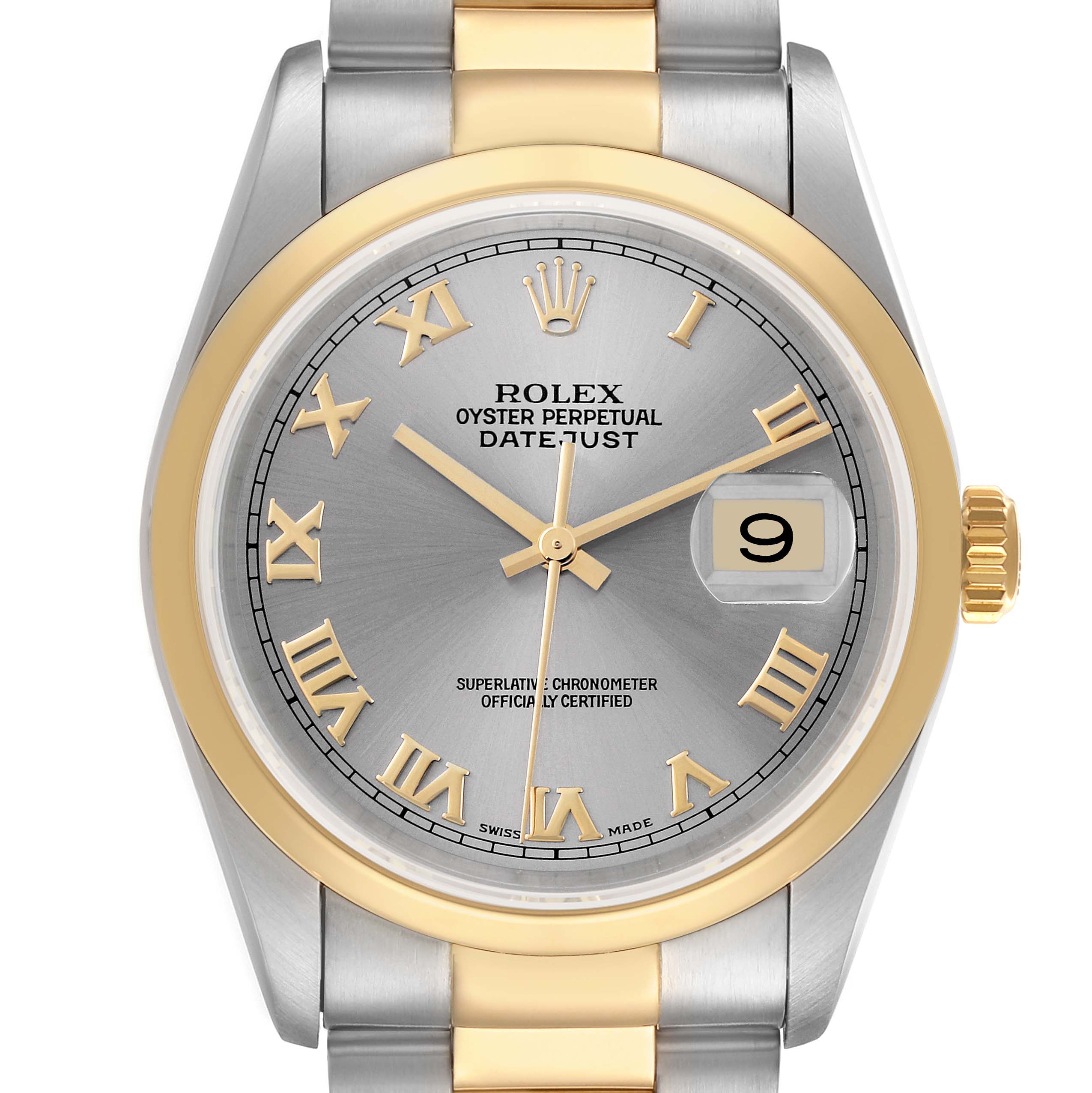 The Rolex Datejust 16203 Men's Steel and Gold (two tone) Grey Dial 16203 Men's Steel and Gold (two tone) Grey Dial watch is shown from a front angle, displaying the dial, hands, crown, and part of the bracelet.
