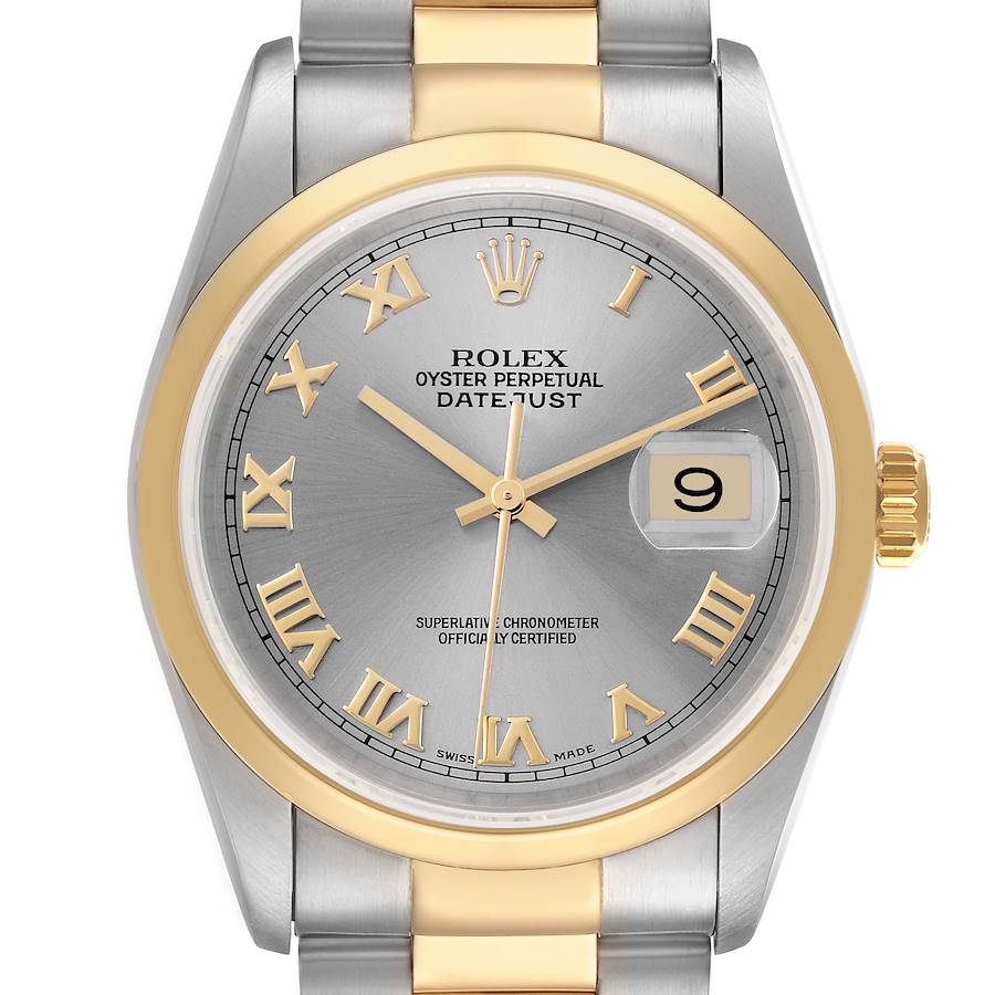 The Rolex Datejust watch is shown from a front angle, displaying the dial, hands, crown, and part of the bracelet.