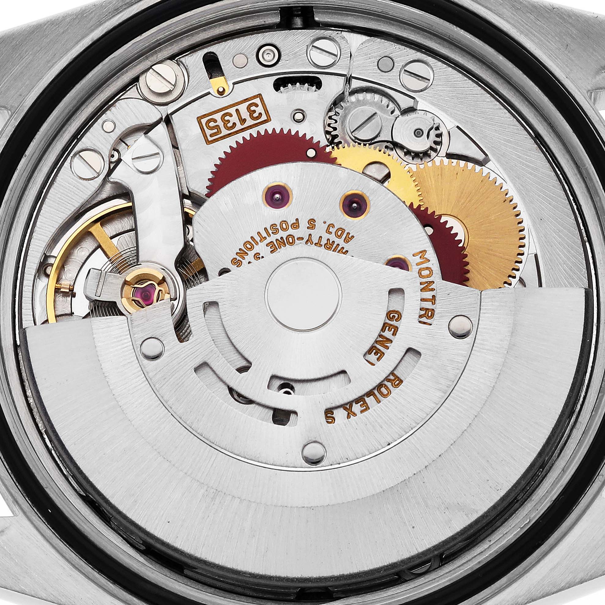 The image shows the inner movement mechanism of a Rolex Datejust 16203 Men's Steel and Gold (two tone) Grey Dial 16203 Men's Steel and Gold (two tone) Grey Dial watch from a rear angle.