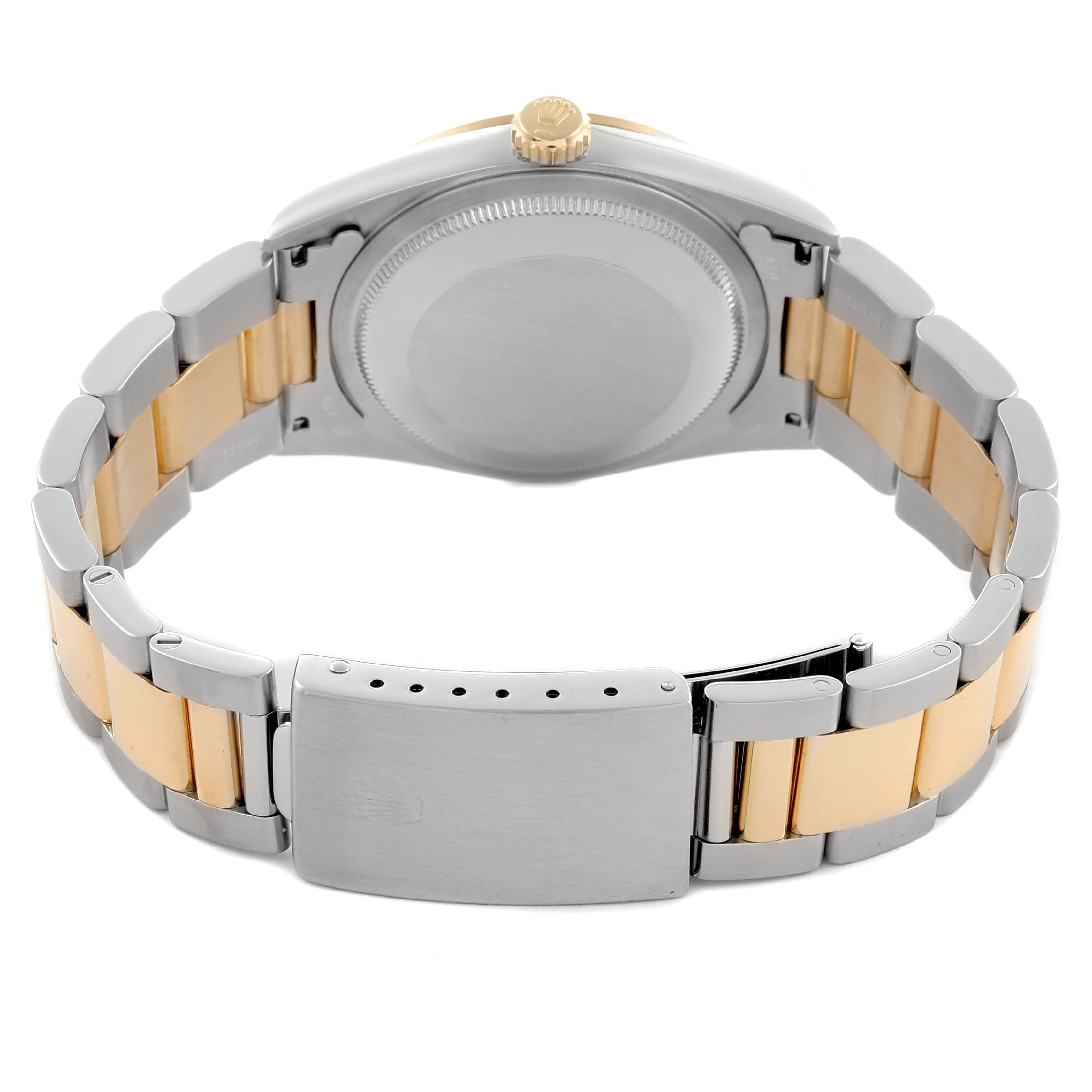 The Rolex Datejust 16203 Men's Steel and Gold (two tone) Grey Dial 16203 Men's Steel and Gold (two tone) Grey Dial watch is shown from the back, displaying the case back, crown, and metal bracelet with a clasp.