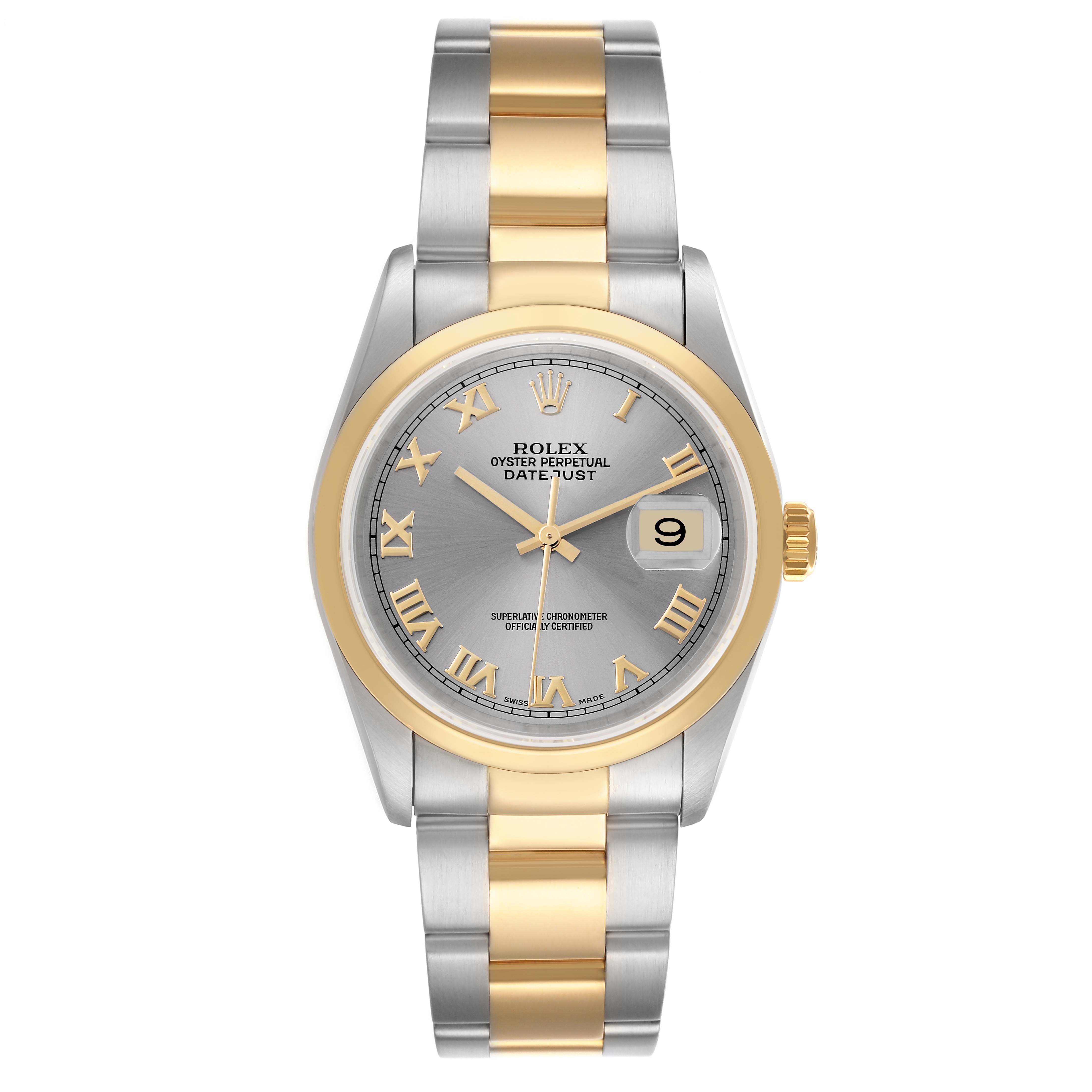The Rolex Datejust 16203 Men's Steel and Gold (two tone) Grey Dial 16203 Men's Steel and Gold (two tone) Grey Dial watch is shown from the front, featuring the dial, bezel, and bracelet.