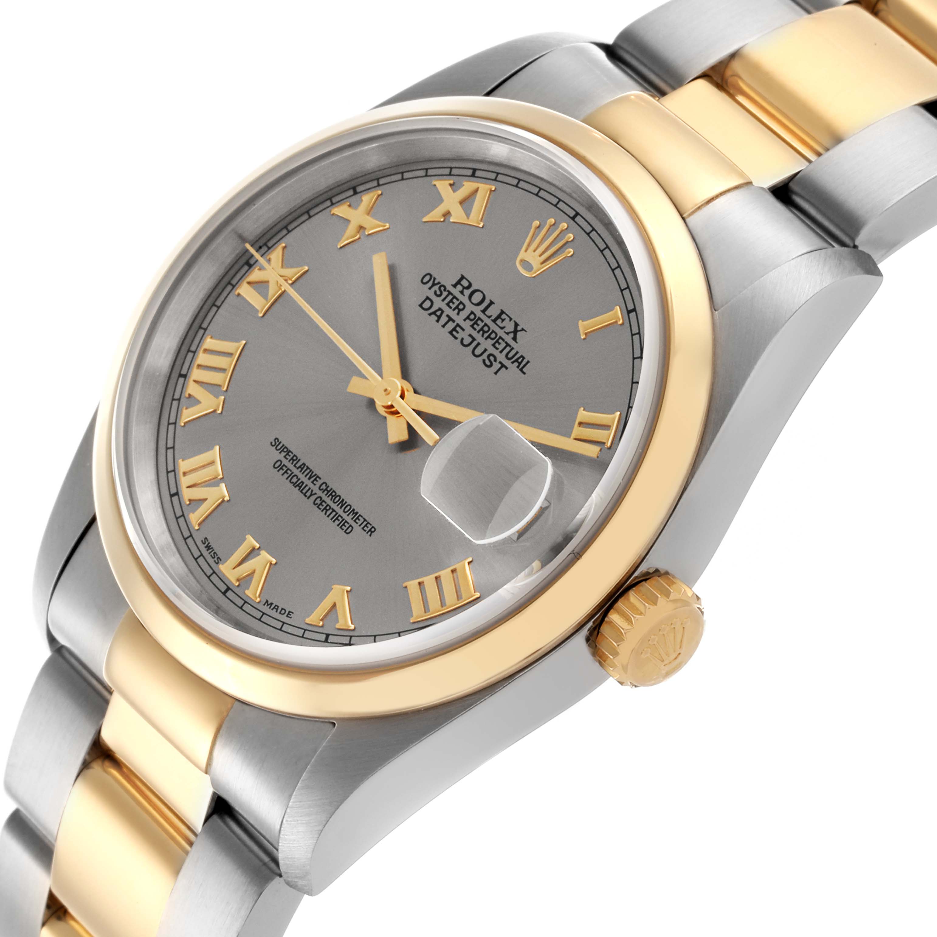 The image shows a Rolex Datejust 16203 Men's Steel and Gold (two tone) Grey Dial 16203 Men's Steel and Gold (two tone) Grey Dial watch from a side angle, highlighting its dial, bezel, crown, and bracelet.