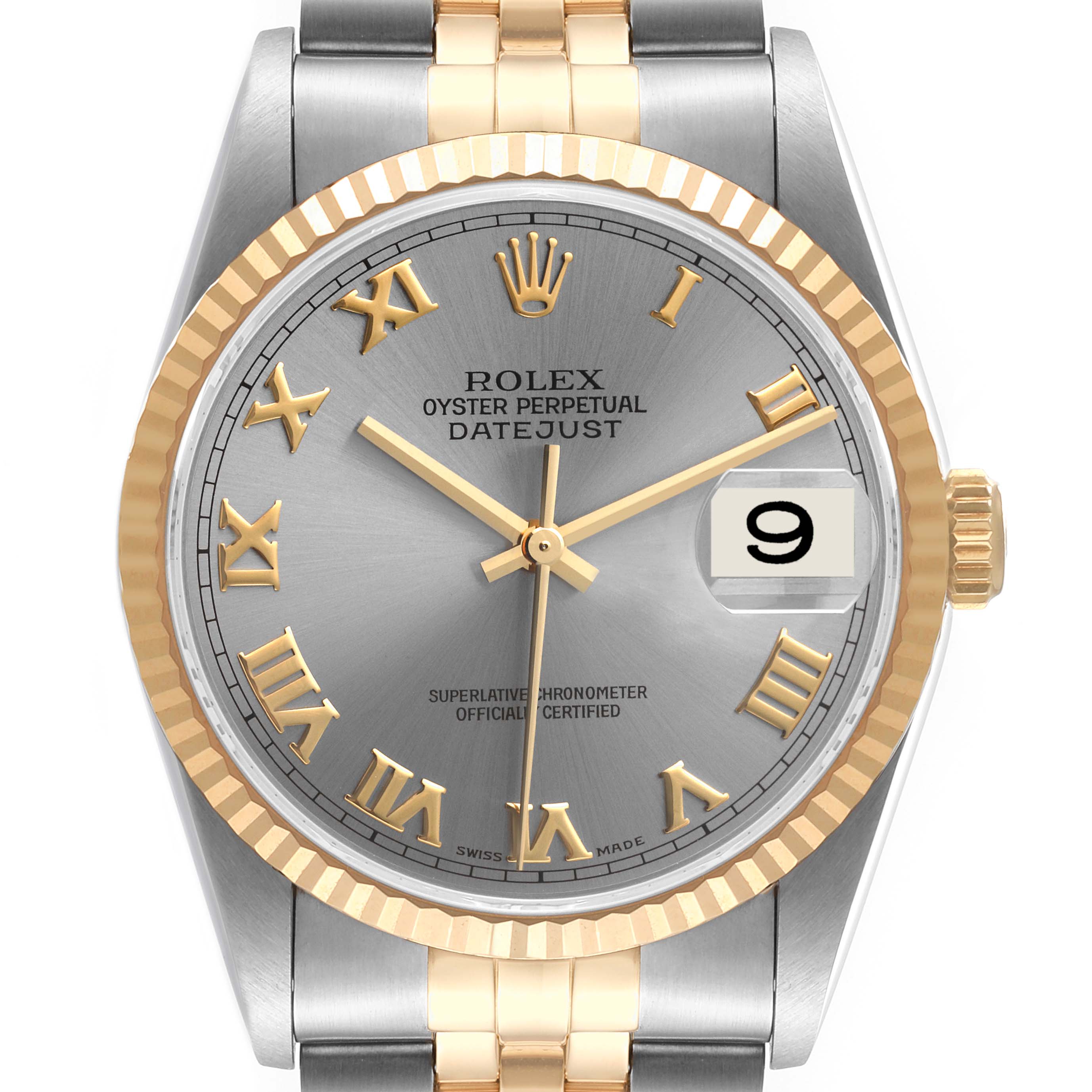 The image shows a front view of the Rolex Datejust 16233 Men
s Steel and Gold (two tone) Grey Dial 16233 Men
s Steel and Gold (two tone) Grey Dial watch, highlighting its dial, bezel, and part of its bracelet.