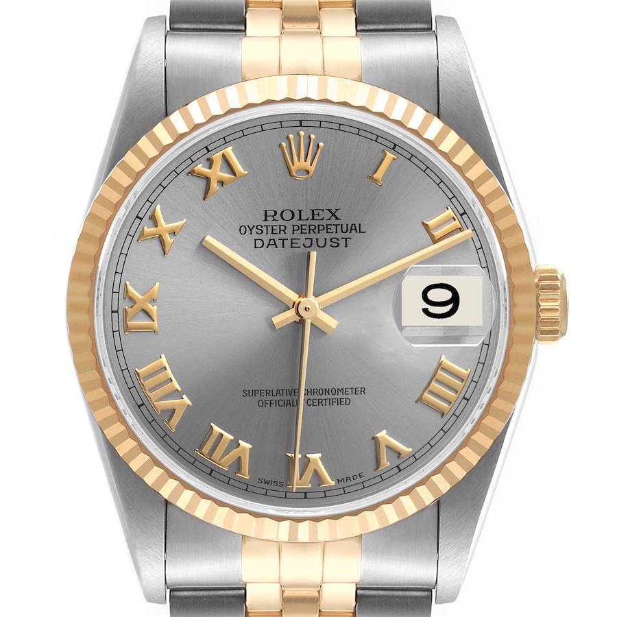 Rolex Datejust Steel Yellow Gold Slate Roman Dial Mens Watch 16233 SwissWatchExpo