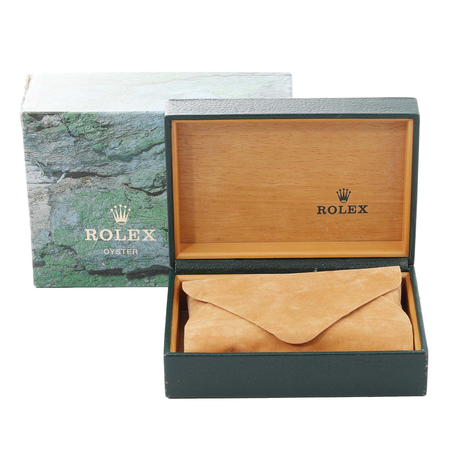 This image shows a Rolex Datejust 16233 Men
s Steel and Gold (two tone) Grey Dial 16233 Men
s Steel and Gold (two tone) Grey Dial watch box and a suede envelope, with the lid open.