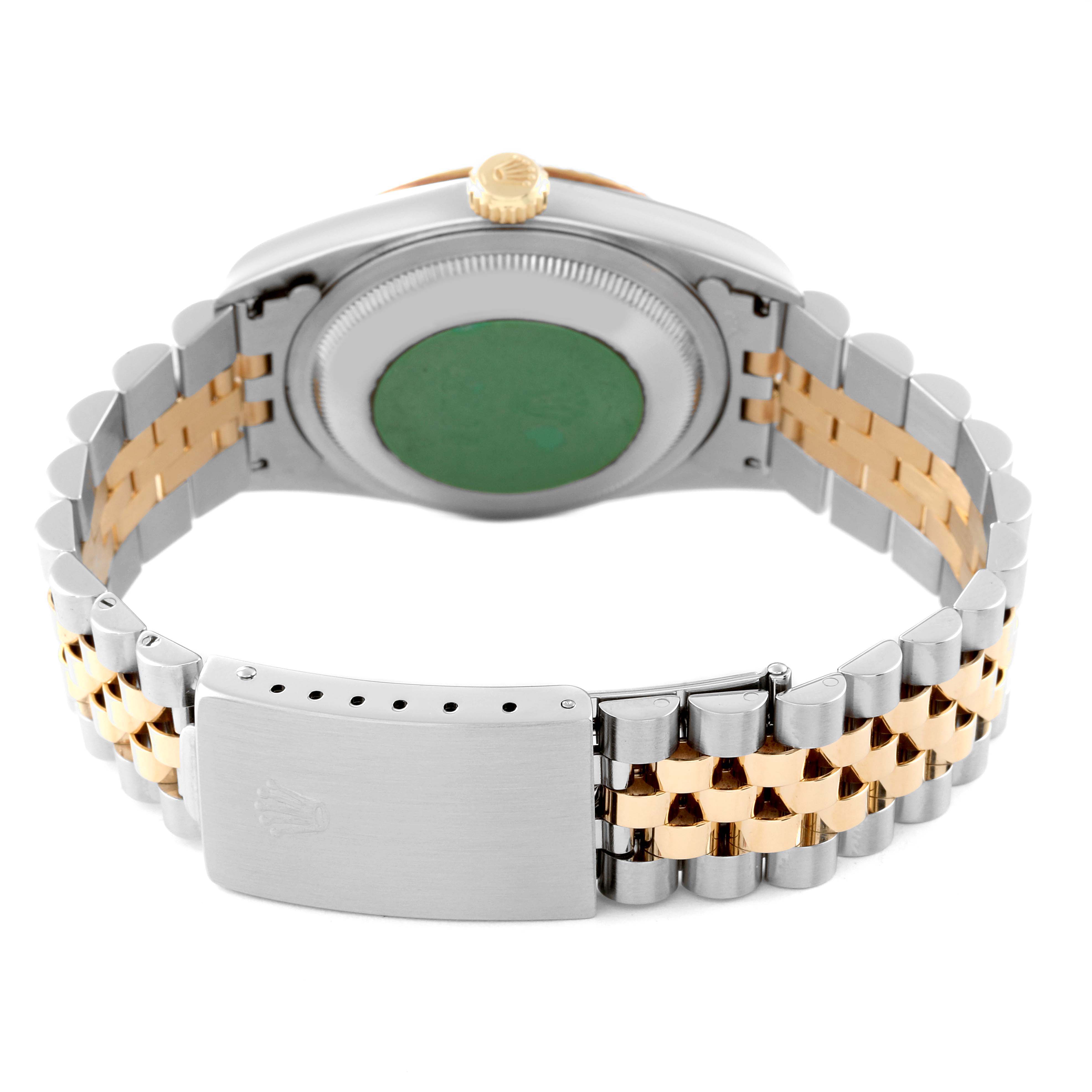 This image shows the back and the bracelet of a Rolex Datejust 16233 Men
s Steel and Gold (two tone) Grey Dial 16233 Men
s Steel and Gold (two tone) Grey Dial watch, featuring a two-tone design and folded clasp.