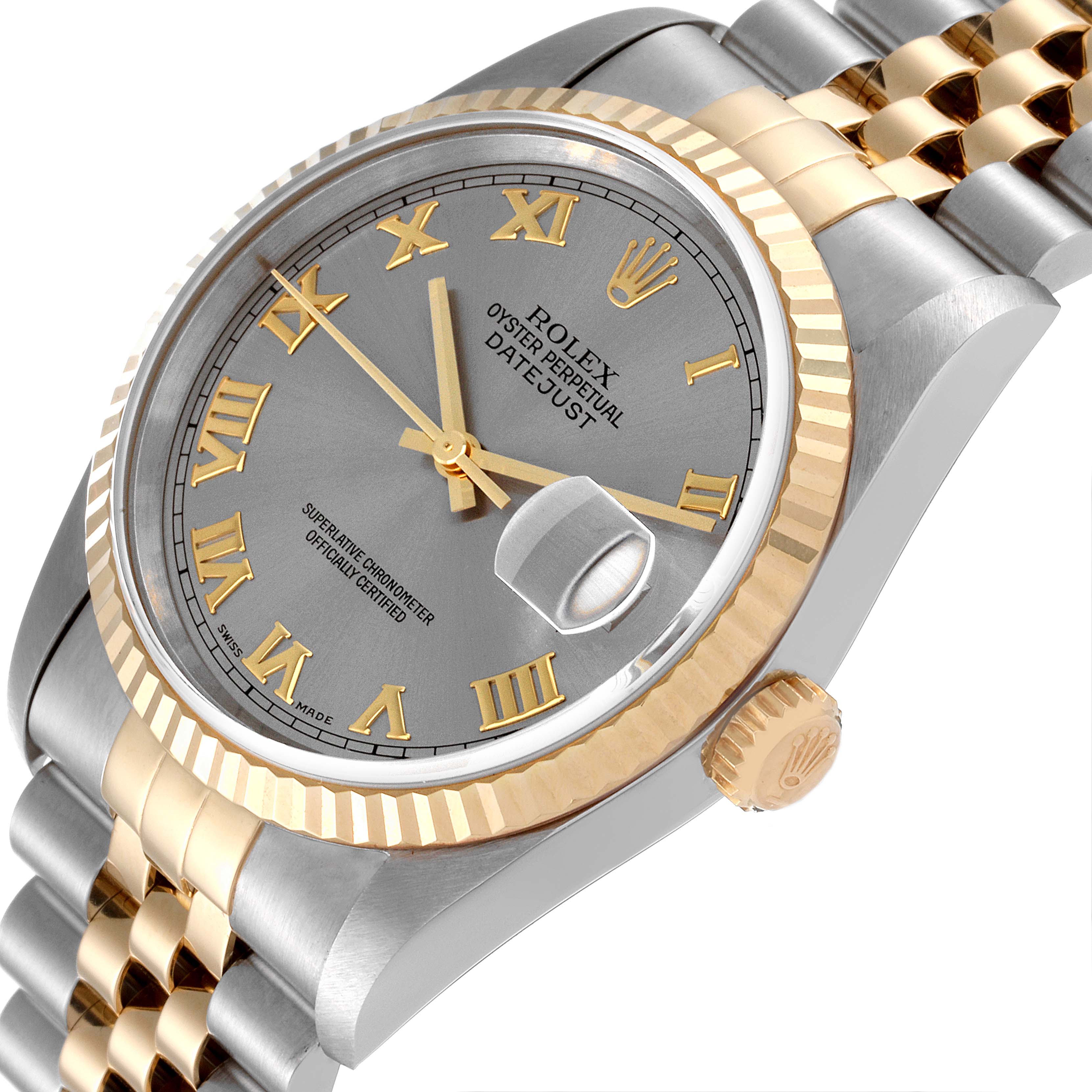 The image shows a close-up, angled view of the Rolex Datejust 16233 Men
s Steel and Gold (two tone) Grey Dial 16233 Men
s Steel and Gold (two tone) Grey Dial watch, highlighting the face, crown, bezel, and bracelet.
